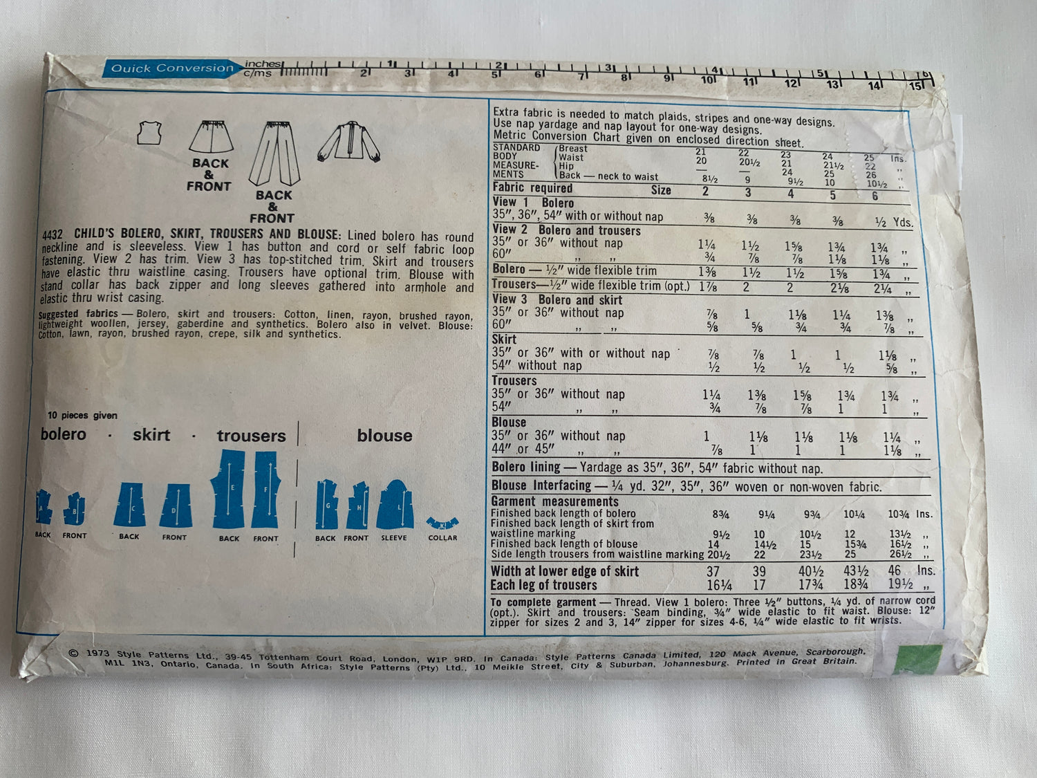 Style Sewing Pattern 4432 Girls' Skirt, Pants, Lined Bolero, Blouse, Sleeveless, Zipper Back, Elastic Waist, Size 5, Cut, Vintage 1973