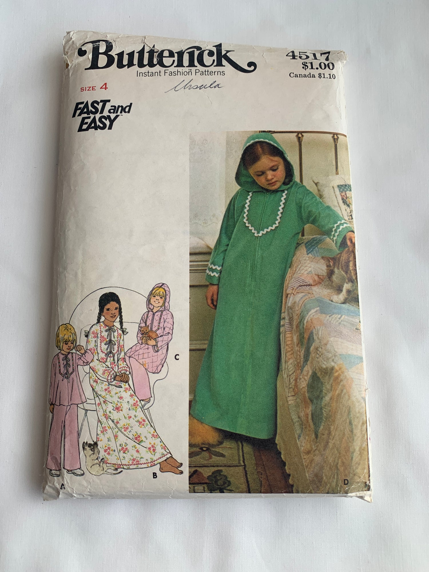 Butterick Sewing Pattern 4517 Girls' Pajamas, Nightgown, Sleepwear, Robe, Top, Pants, Zipper Front, Two Lengths, Long Sleeves, Size 4, Cut, Vintage 1970