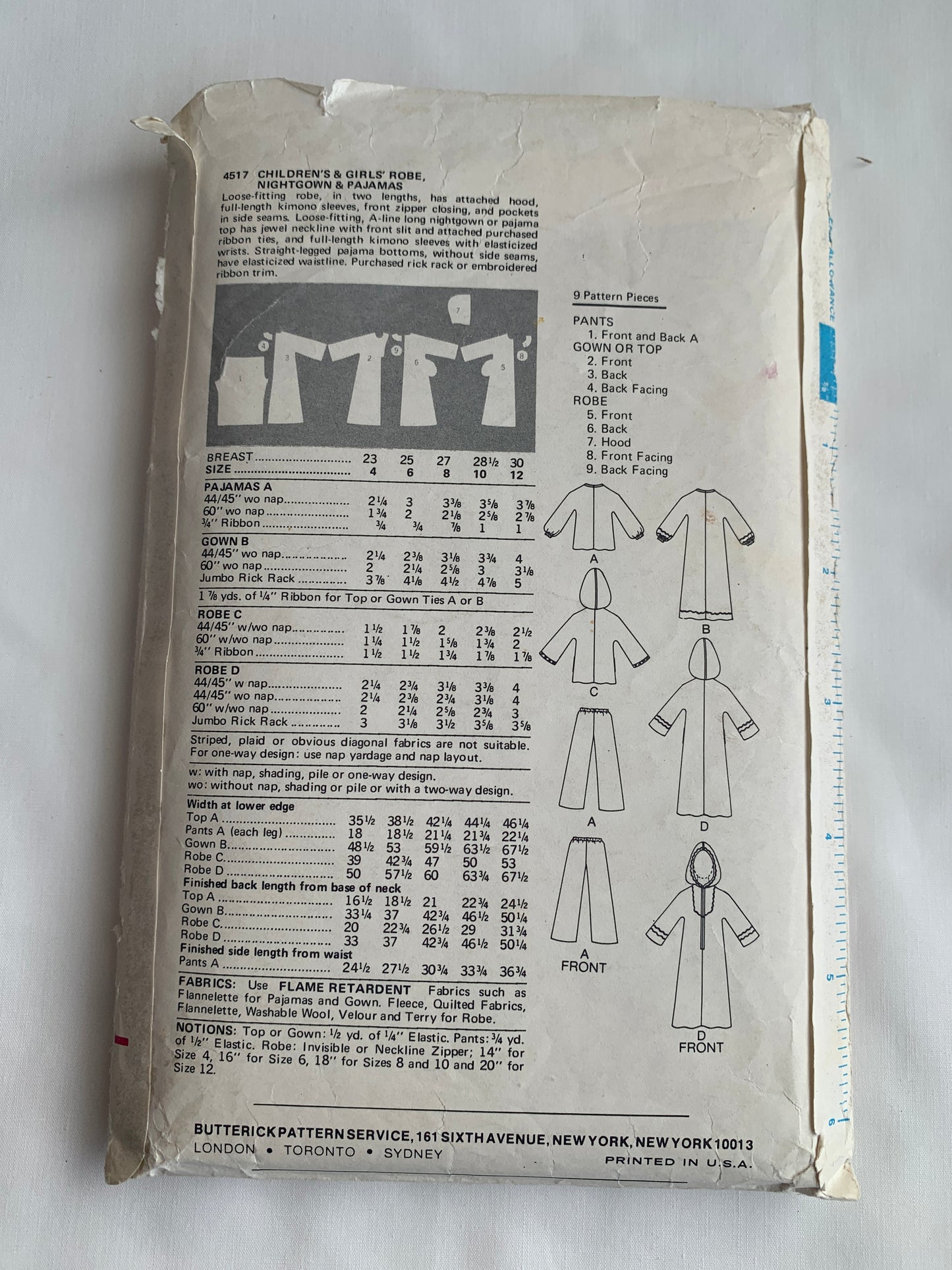 Butterick Sewing Pattern 4517 Girls' Pajamas, Nightgown, Sleepwear, Robe, Top, Pants, Zipper Front, Two Lengths, Long Sleeves, Size 4, Cut, Vintage 1970