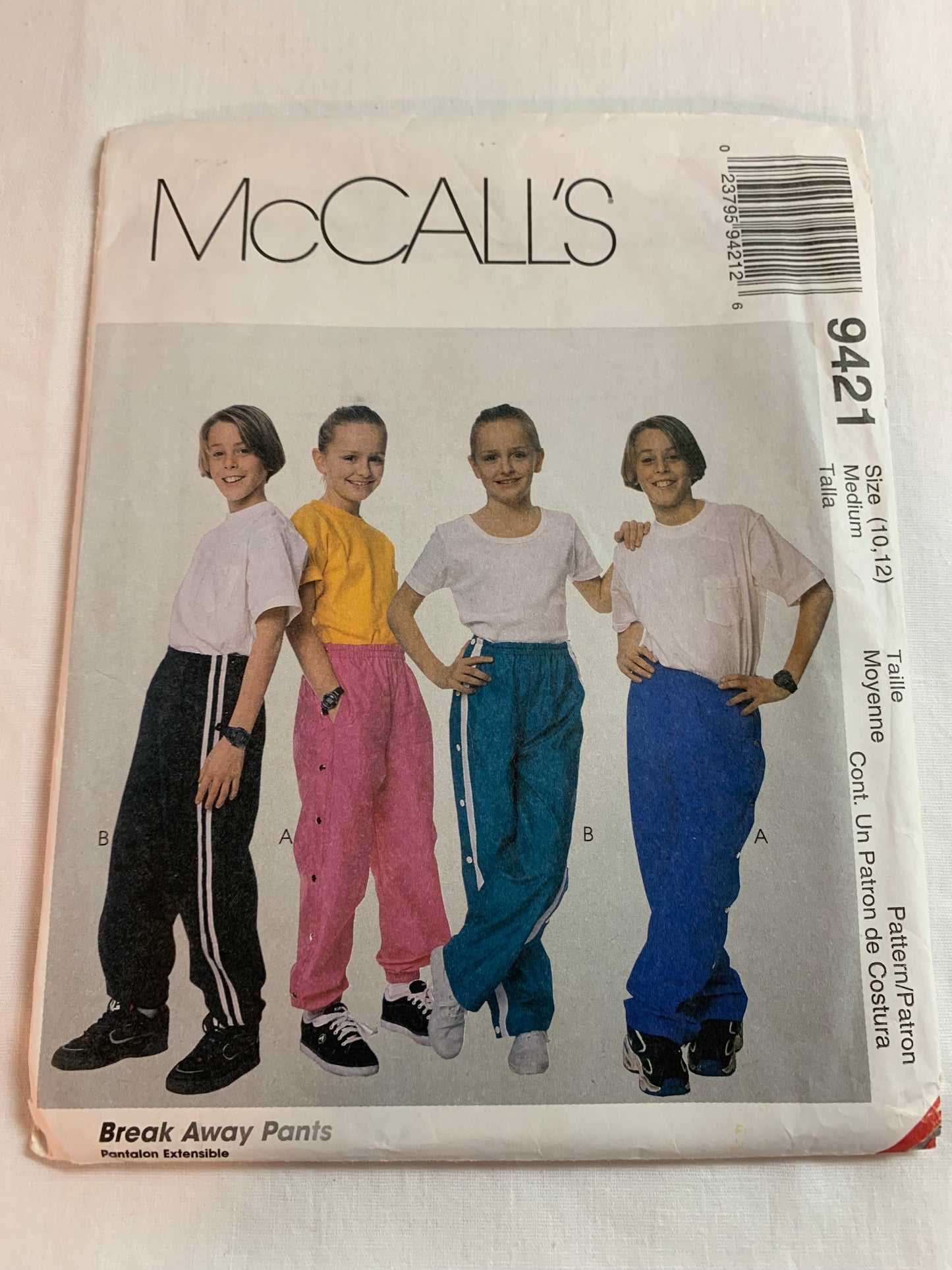 McCall's Sewing Pattern 9421 Boys'/Girls' Pants, Pull-On, Elastic Waist, Pockets, Snap Off, Lined, Unlined, Size 10-12 Uncut, Vintage 1998