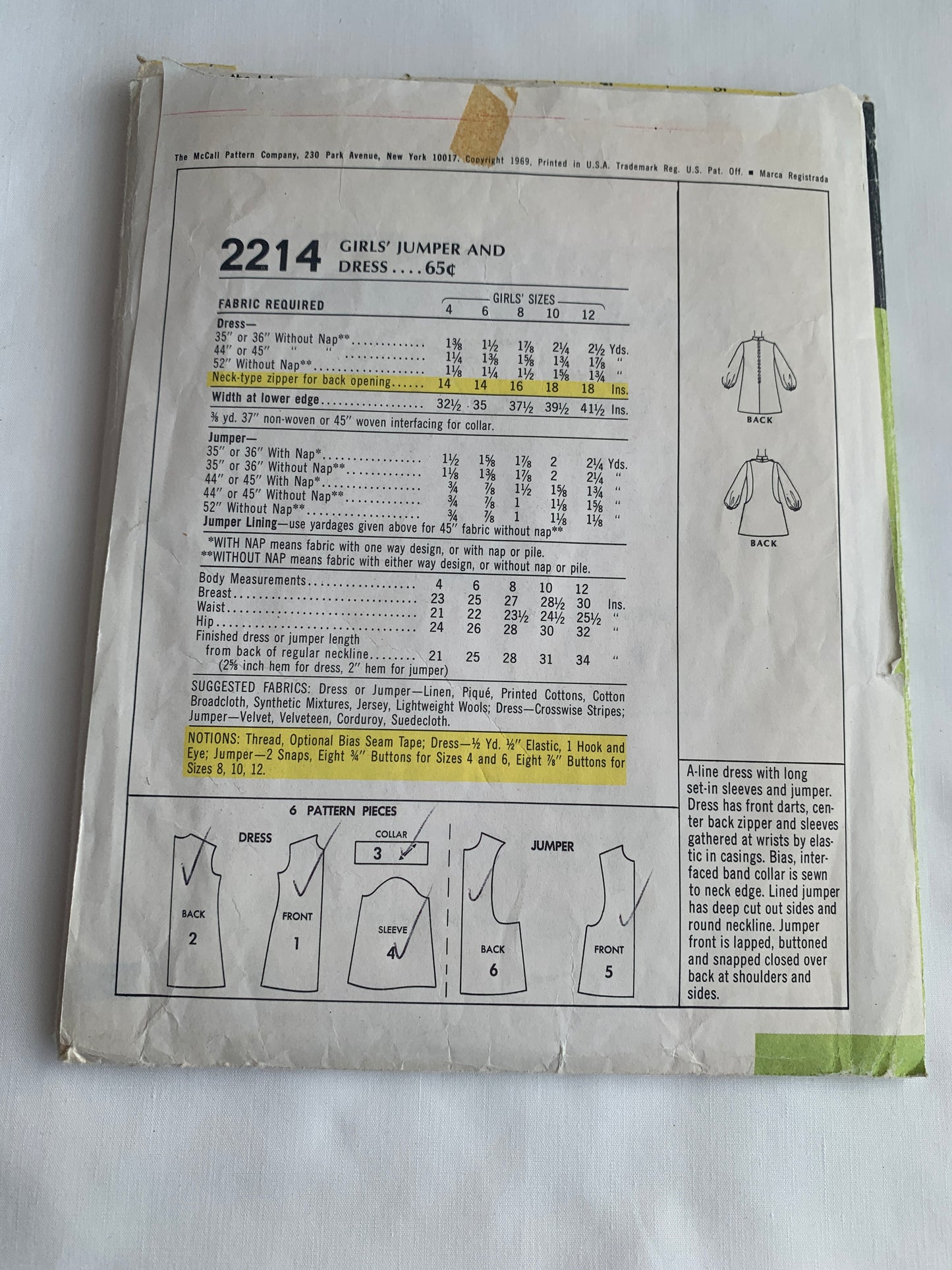 McCall's Sewing Pattern 2214 Girls' Jumper, Dress, A-Line, Zipper Back, Long Sleeves, Size 12, Cut, Vintage 1969