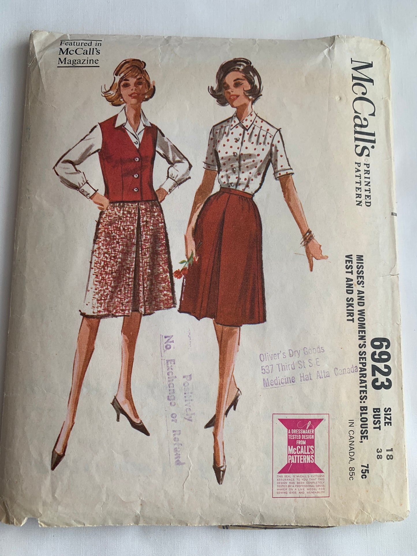 McCall's Sewing Pattern 6923 Misses' Blouse, Skirt, Vest, Side Zipper, Button Front, Size 18, Cut, Vintage 1963