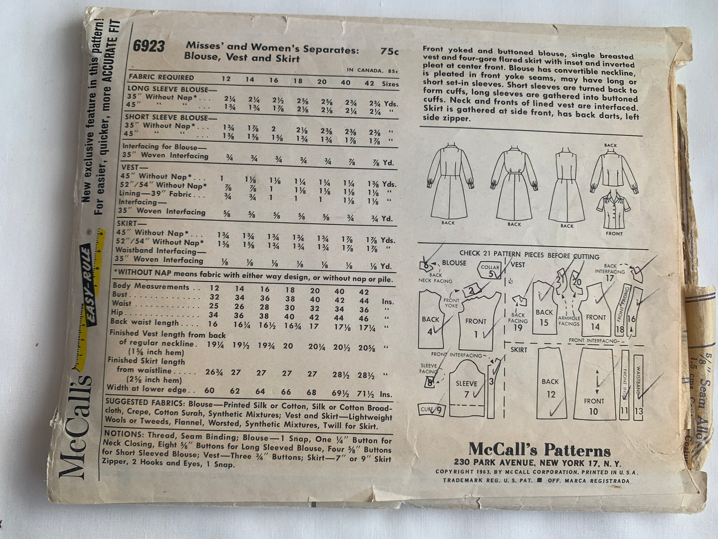 McCall's Sewing Pattern 6923 Misses' Blouse, Skirt, Vest, Side Zipper, Button Front, Size 18, Cut, Vintage 1963