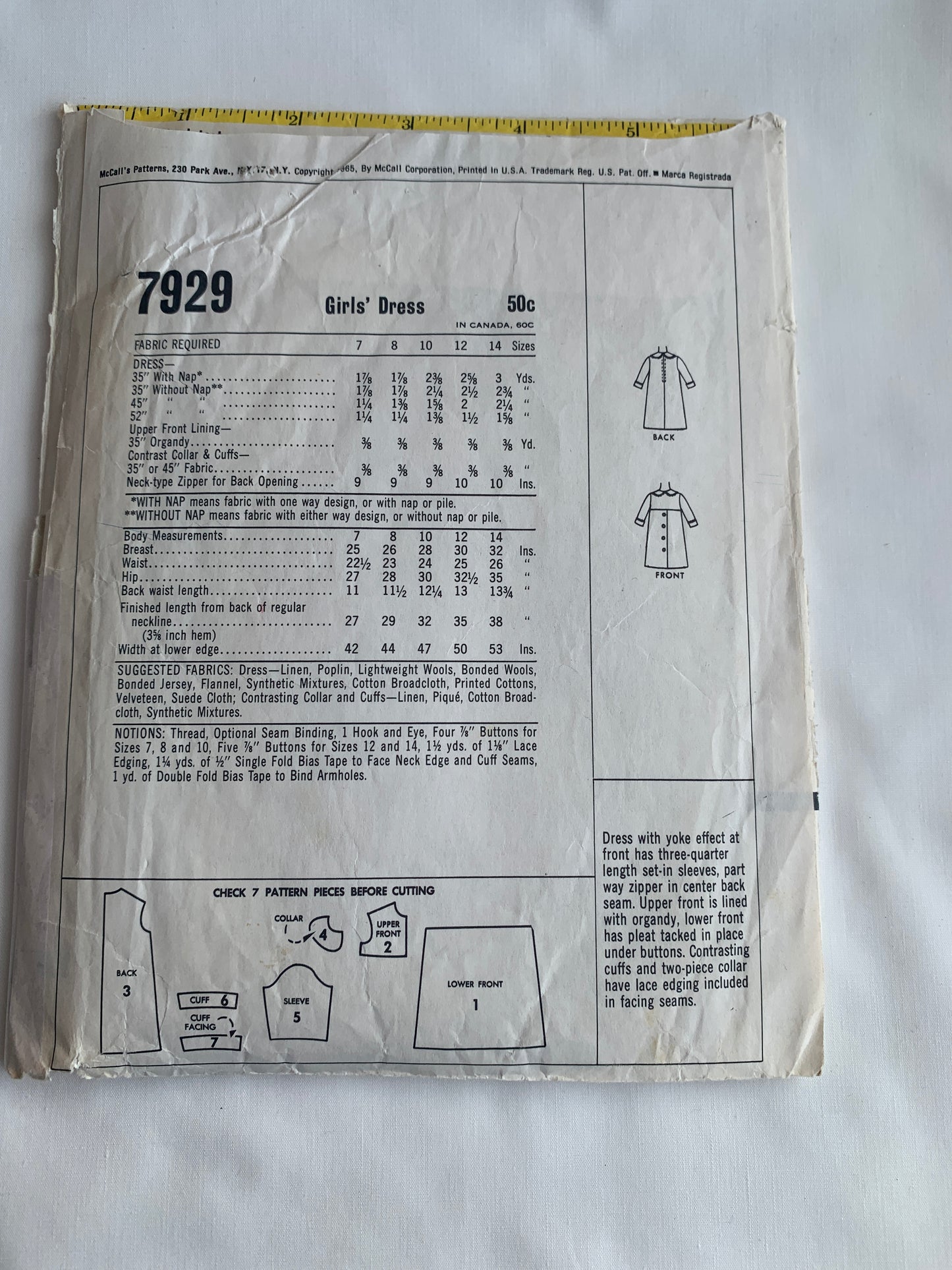 McCall's Sewing Pattern 7929 Girls' Dress, Zipper Back, Long Sleeves, Size 14, Cut, Vintage 1965