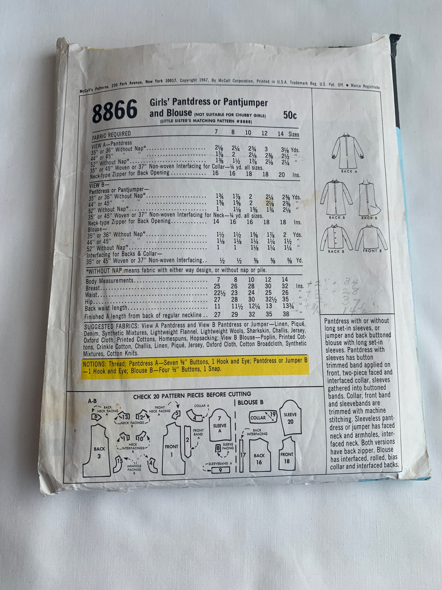 McCall's Sewing Pattern 8866 Girls' Pantdress, PantJumper, Blouse, 3 Variations, Long Sleeves, Sleeveless, Button Back, Size 14, Cut, Vintage 1967