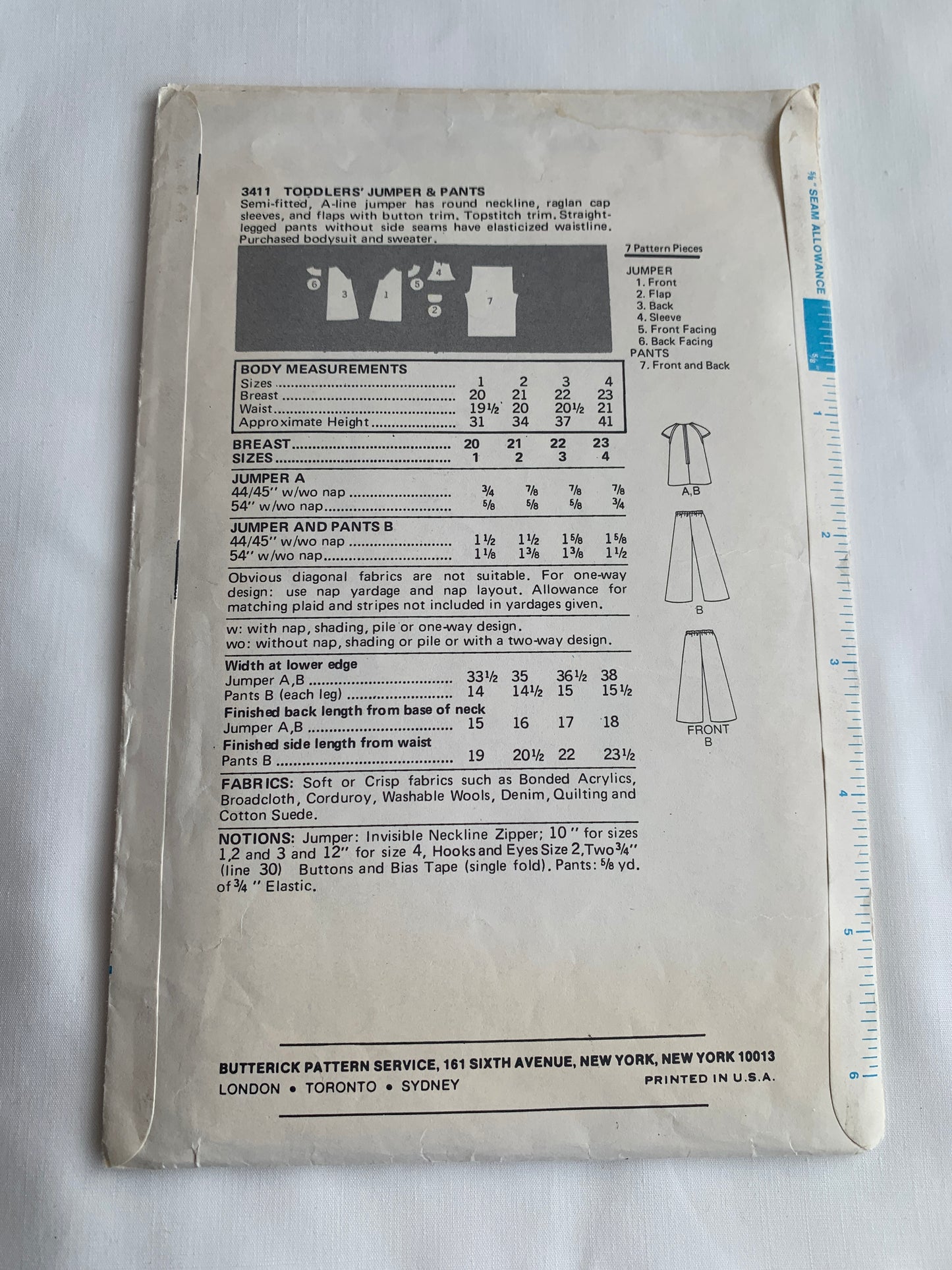 Butterick Sewing Pattern 3411 Toddlers' Jumper, Pants, Semi-Fitted, A-Line, Elastic Waist, Cap Sleeves, Size 1, Uncut, Vintage 1980