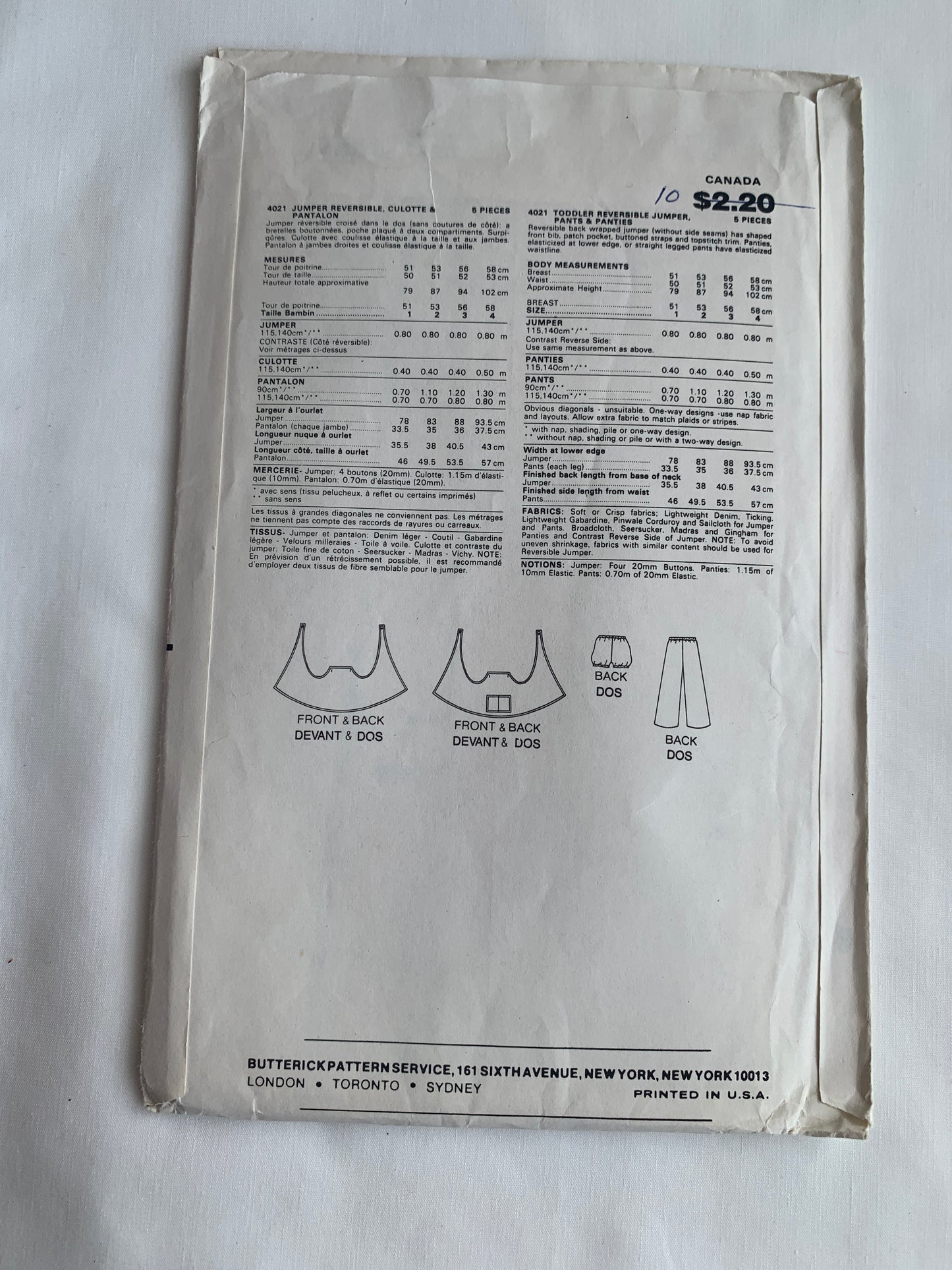 Butterick Sewing Pattern 4021 Girls' Jumper, Reversible, Pants, Panties, Bib, Pockets, Size 4, Uncut, Vintage 1980