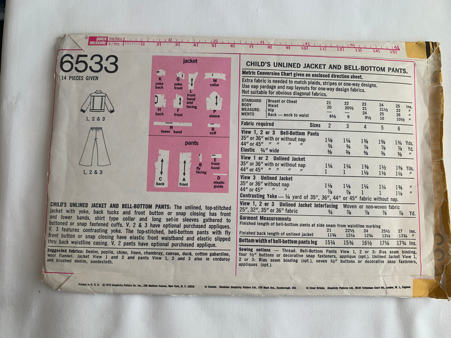 Simplicity Sewing Pattern 6533 Child's/Boys'/Girls' Unlined Jacket, Bell-Bottom Pants, Front Snaps, Collar, Elastic Waist, Size 2, Cut, Vintage 1974