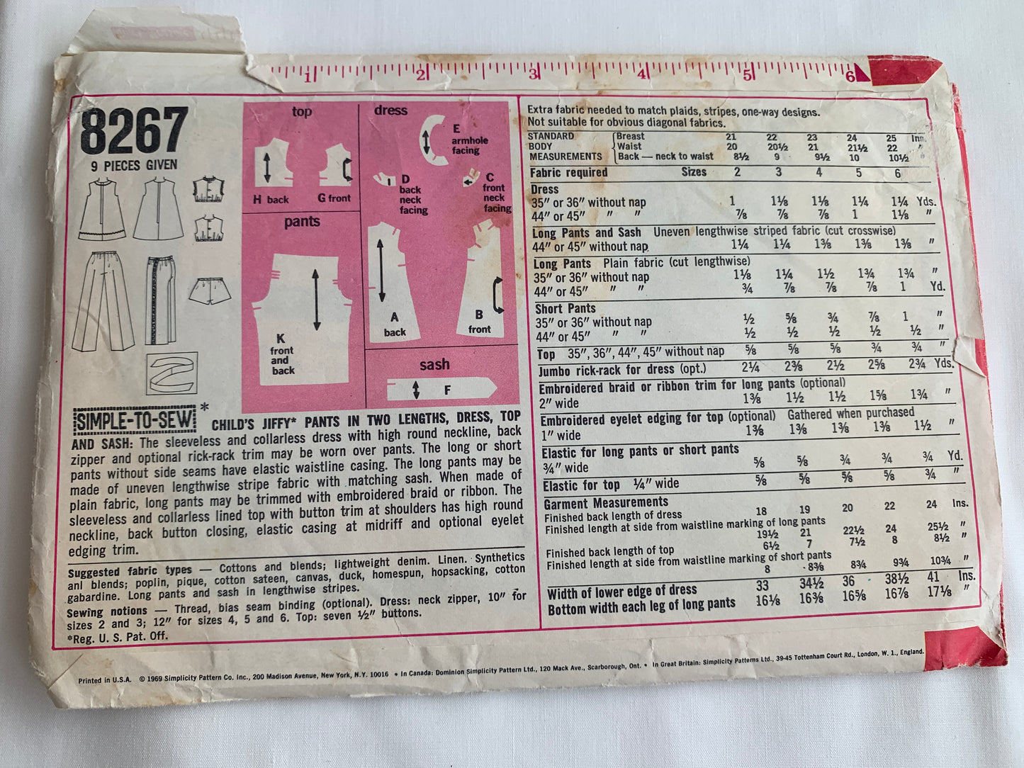 Simplicity Jiffy Sewing Pattern 8267 Girls' Dress, Top, Pants, Sash, Sleeveless, Elastic Waist, Two Lengths, Size 4, Uncut, Vintage 1969