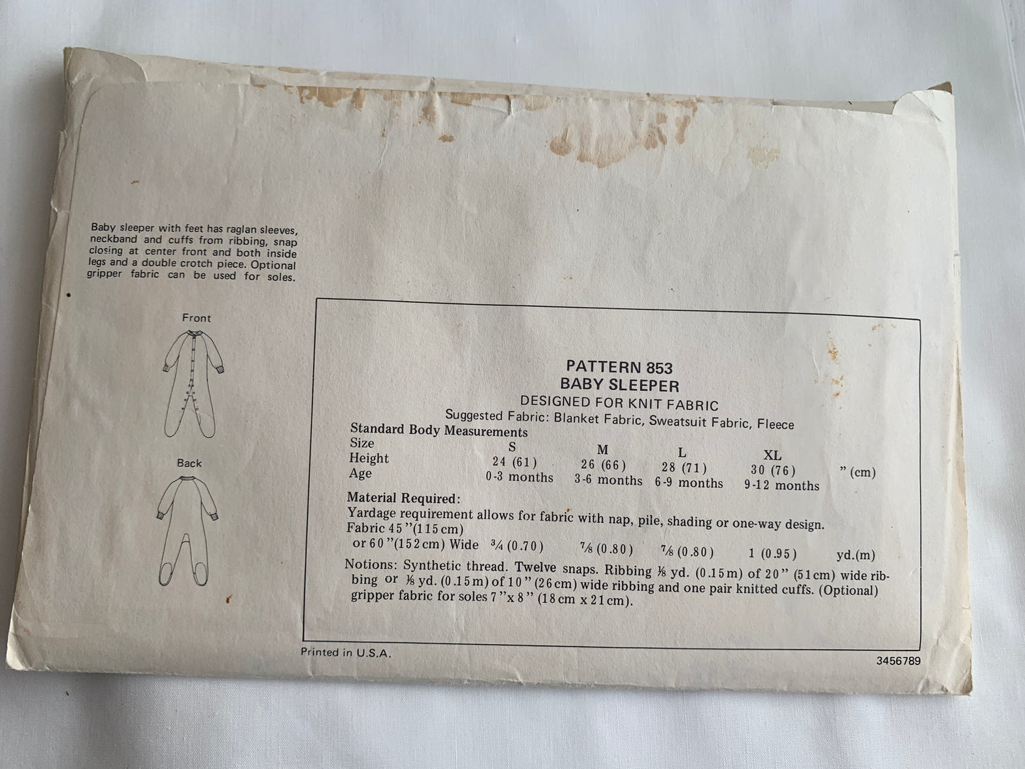 KWIK Sewing Pattern 853 Baby/Infants Sleeper, Jumpsuit, Snap Front, One Piece, Long Sleeves, Size 0-12 Months, Uncut, Vintage 1998
