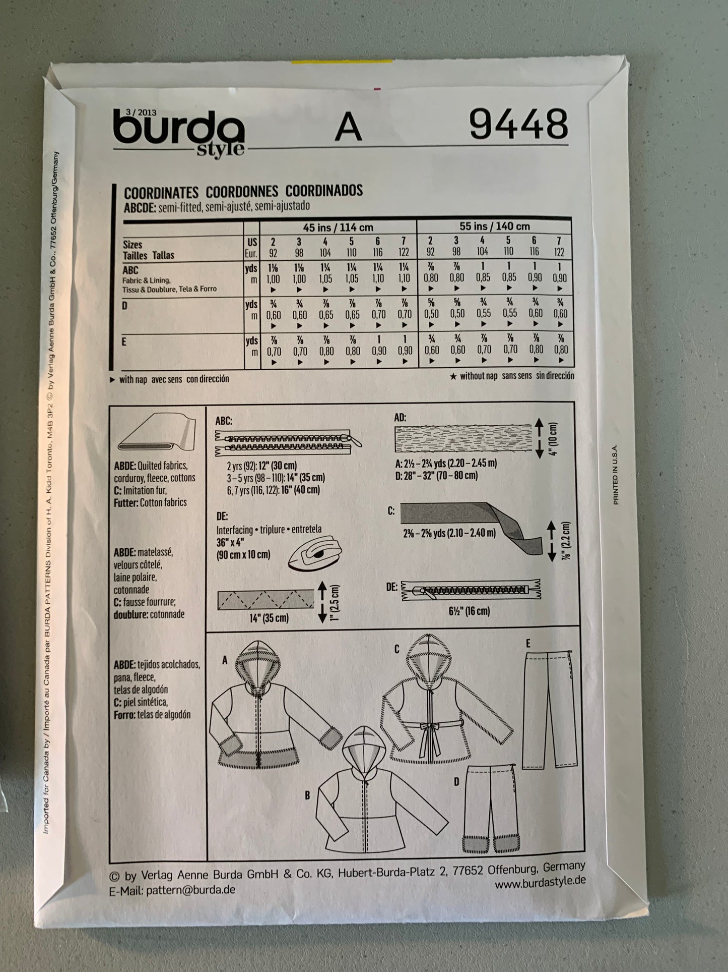 Burda Sewing Pattern 4220 Girls' Coat, Jacket, Pants, Zipper Front, Pockets, Hood, Size 6-12, Uncut, 2000
