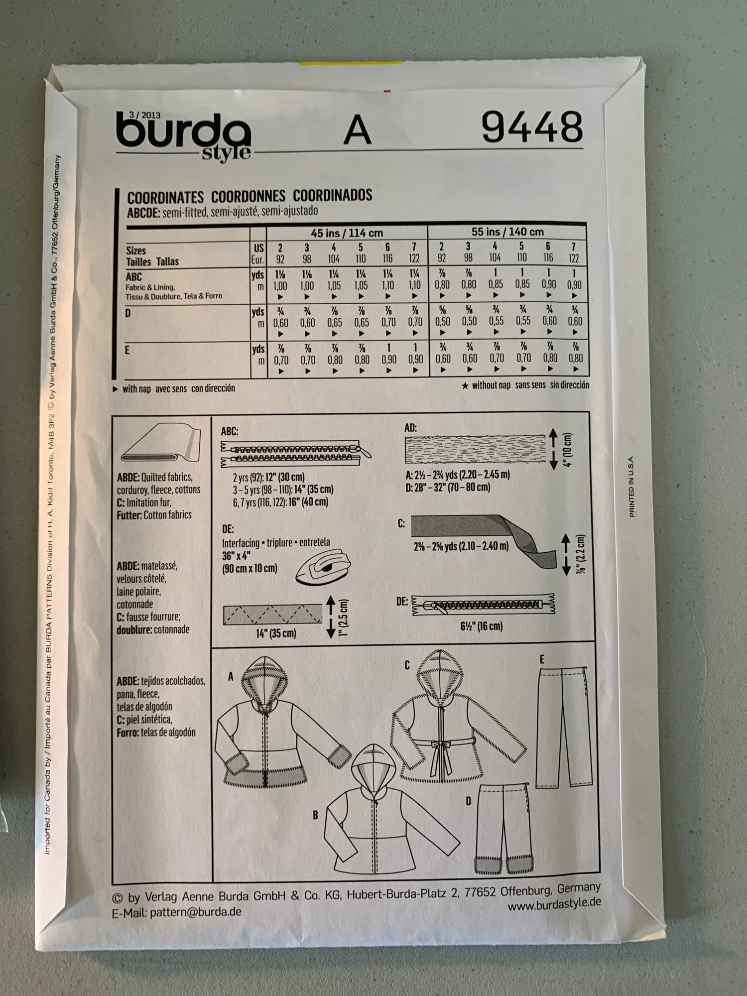 Burda Sewing Pattern 4220 Girls' Coat, Jacket, Pants, Zipper Front, Pockets, Hood, Size 6-12, Uncut, 2000