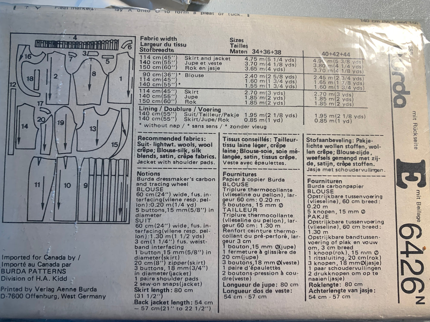 Burda Sewing Pattern 6426 Misses' Skirt, Top, Jacket, Wrap Front, Two Variations, Long Sleeves, Size 38-46, Uncut, Vintage 1995