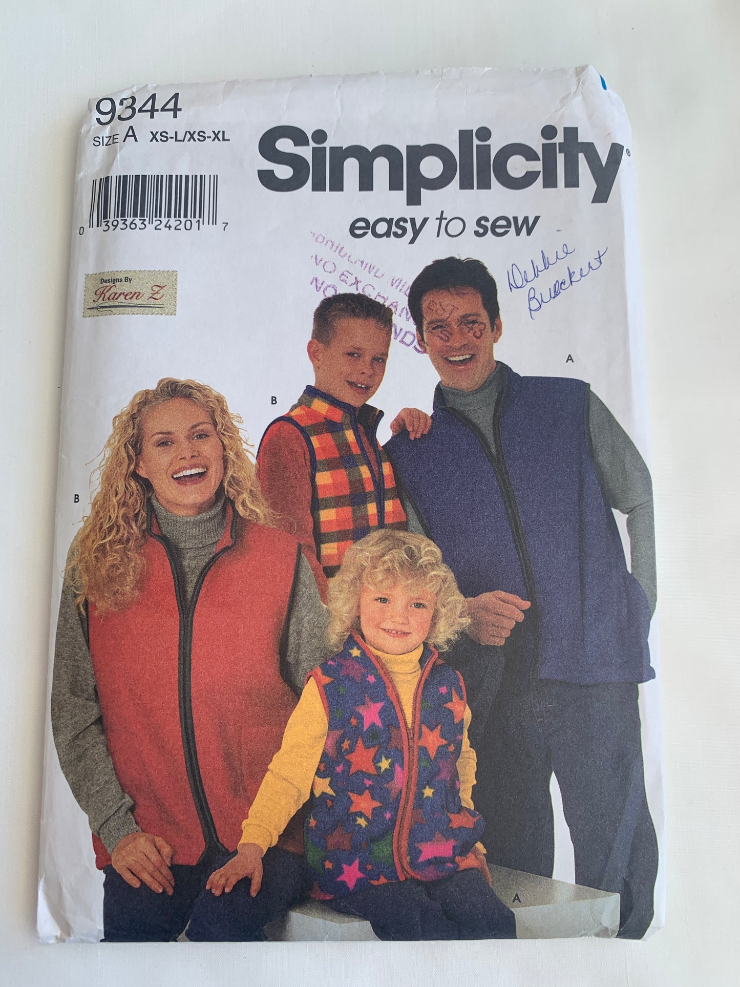 Simplicity Karen Z Sewing Pattern 9344 Misses'/Men's/Boys'/Girls' Vest, Zipper Front, Pockets, Collar, Sizes 23-48 Chest, Cut, Vintage 1991