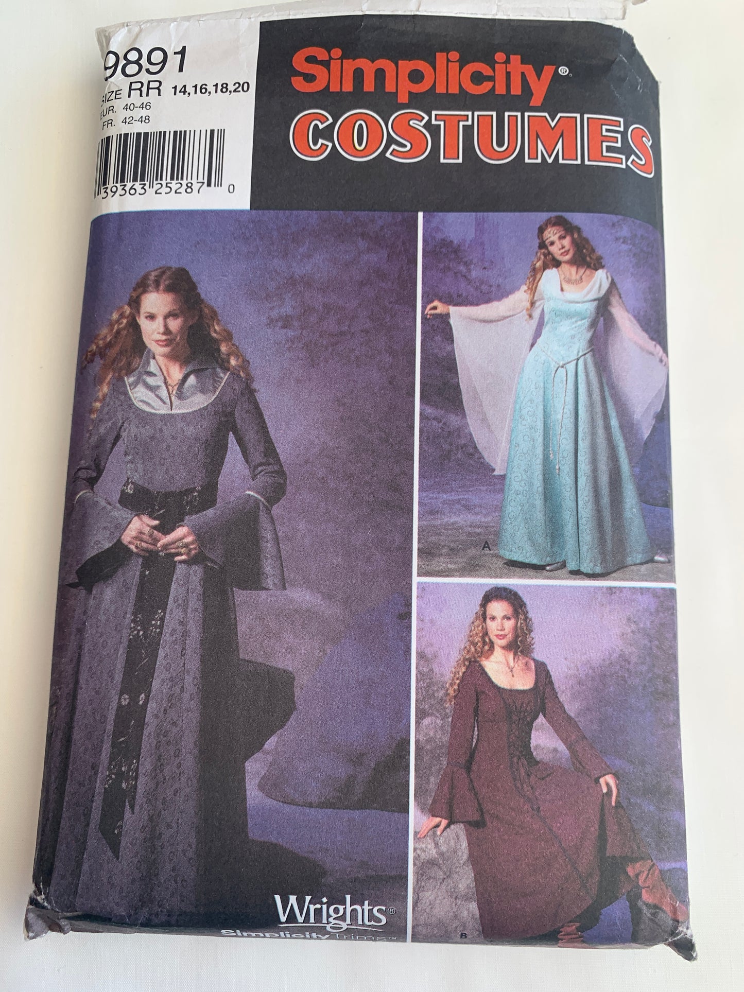 Simplicity Sewing Pattern 9891 Misses' Costumes, Renaissance, Medieval Dresses, Maid Marion, Long Sleeves, Zipper Back, Bows, 3 Variations, Size 14-20, Cut, 2001