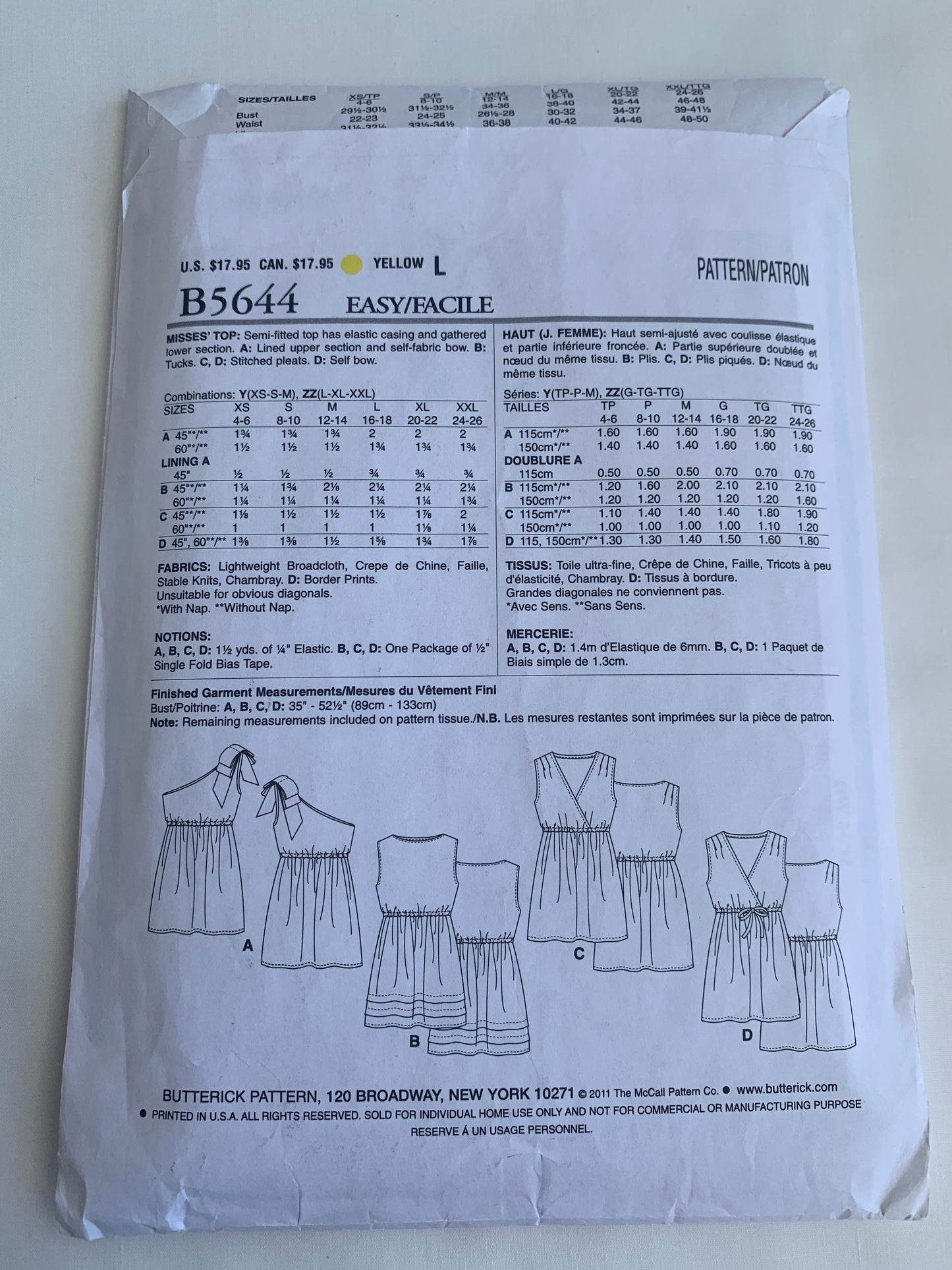 Butterick Sewing Pattern B5644 Misses' Top, Sleeveless, Semi-Fitted, 4 Variations, Size 4-10, Cut, 2011