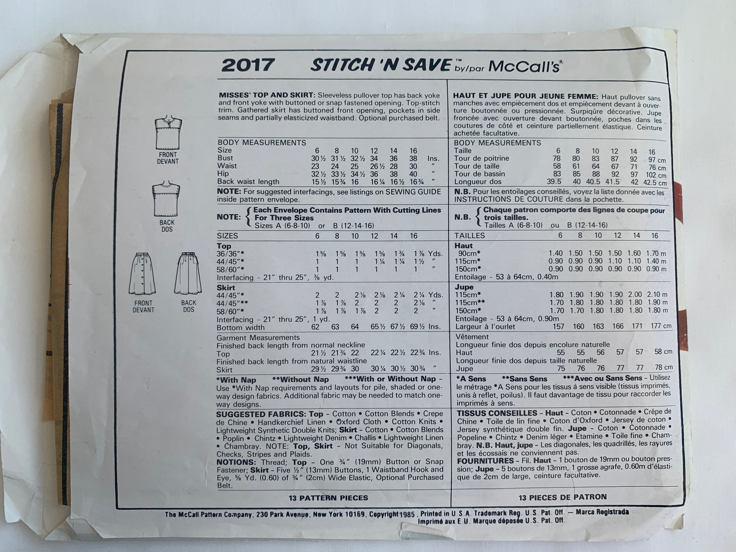 McCall's Stitch 'N Save Sewing Pattern 2017 Blouse, Skirt, Sleeveless, Pockets, Pullover, Button Front, Size 6-10, Cut, Vintage 1985