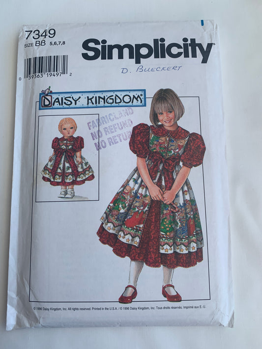 Simplicity Daisy Kingdom Sewing Pattern 7349 Girls' Dress, Pinafore, Doll Dress 17", Short Sleeves, Zipper Back, Tie Back, Uncut, Size 5-8, Vintage 1996