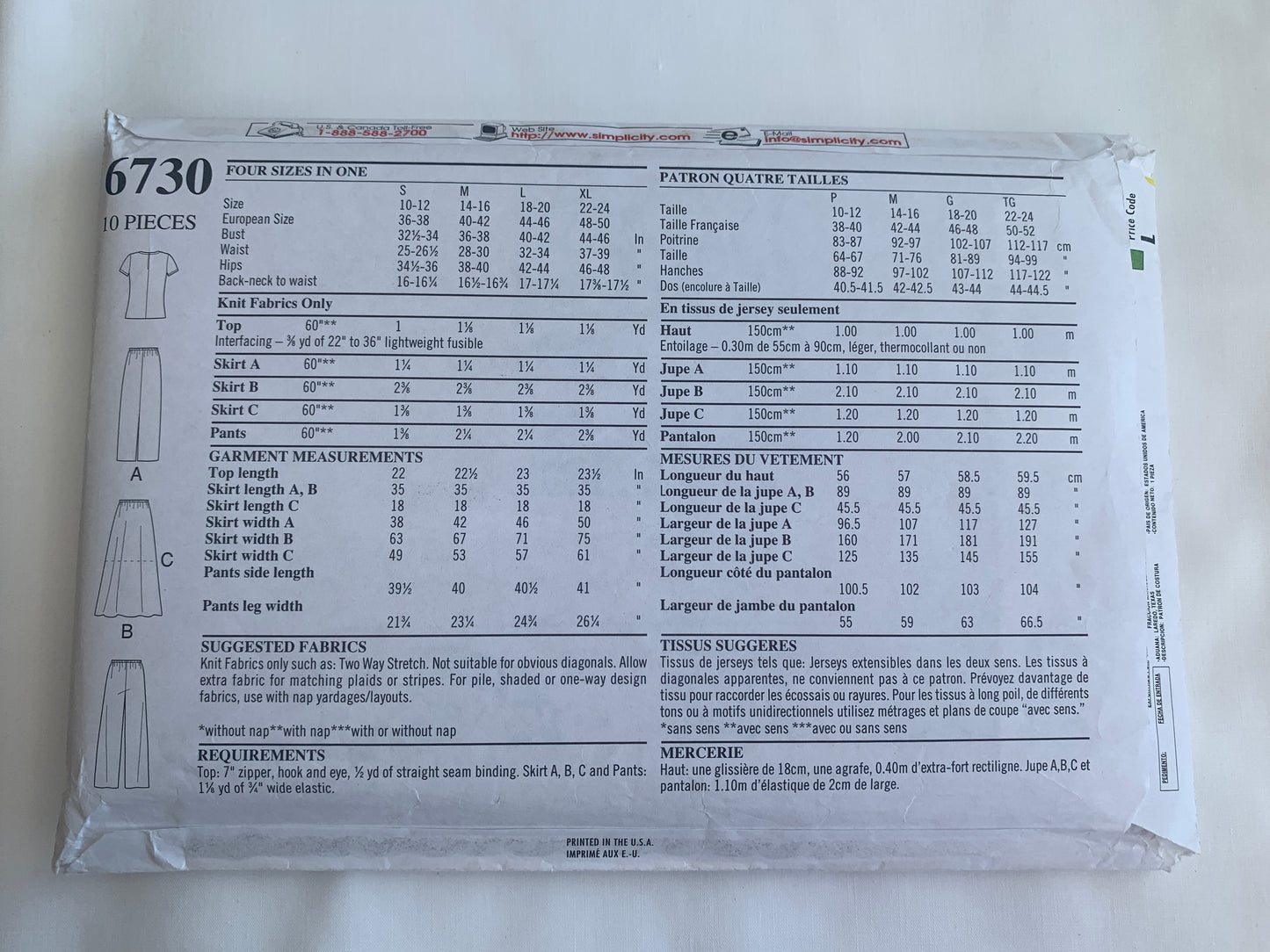 Simplicity New Look Sewing Pattern 6730 Misses' Pants, Skirt, Two Lengths, Elastic Waist, Top, Size 10-24, Uncut, 2011