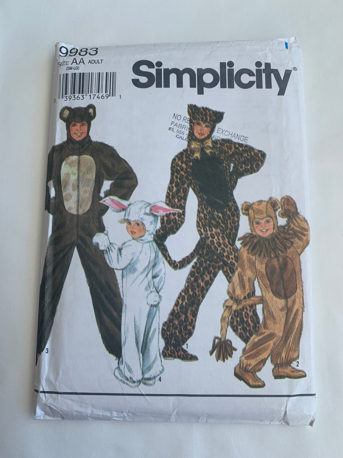 Simplicity Sewing Pattern 9983 Adult Animal Costumes, Cat, Bear, Rabbit, Lion, Mitten, Ears, Jumpsuits, Hood, Mittens, Booties, Hood, Booties, Size 32-42, Uncut, Vintage 1995