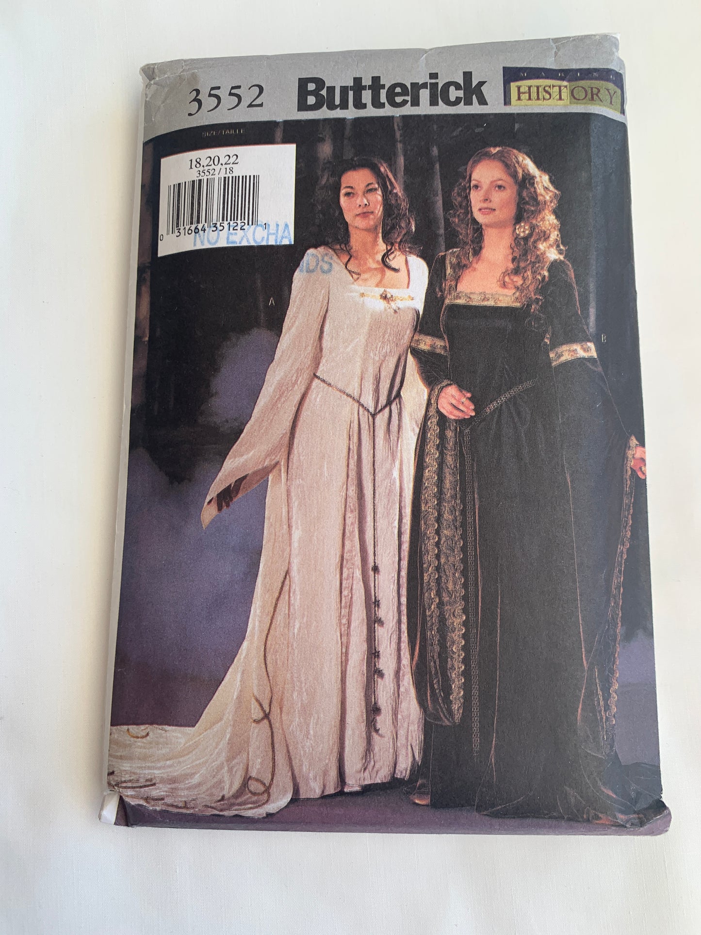 Butterick Sewing Pattern 3552 Misses' Costumes, Dress, Cape, 2 Variations, Princess Seams, Halloween, LOng Sleeves, Fitted, Ruffles, Size 18-22, Uncut, 2002
