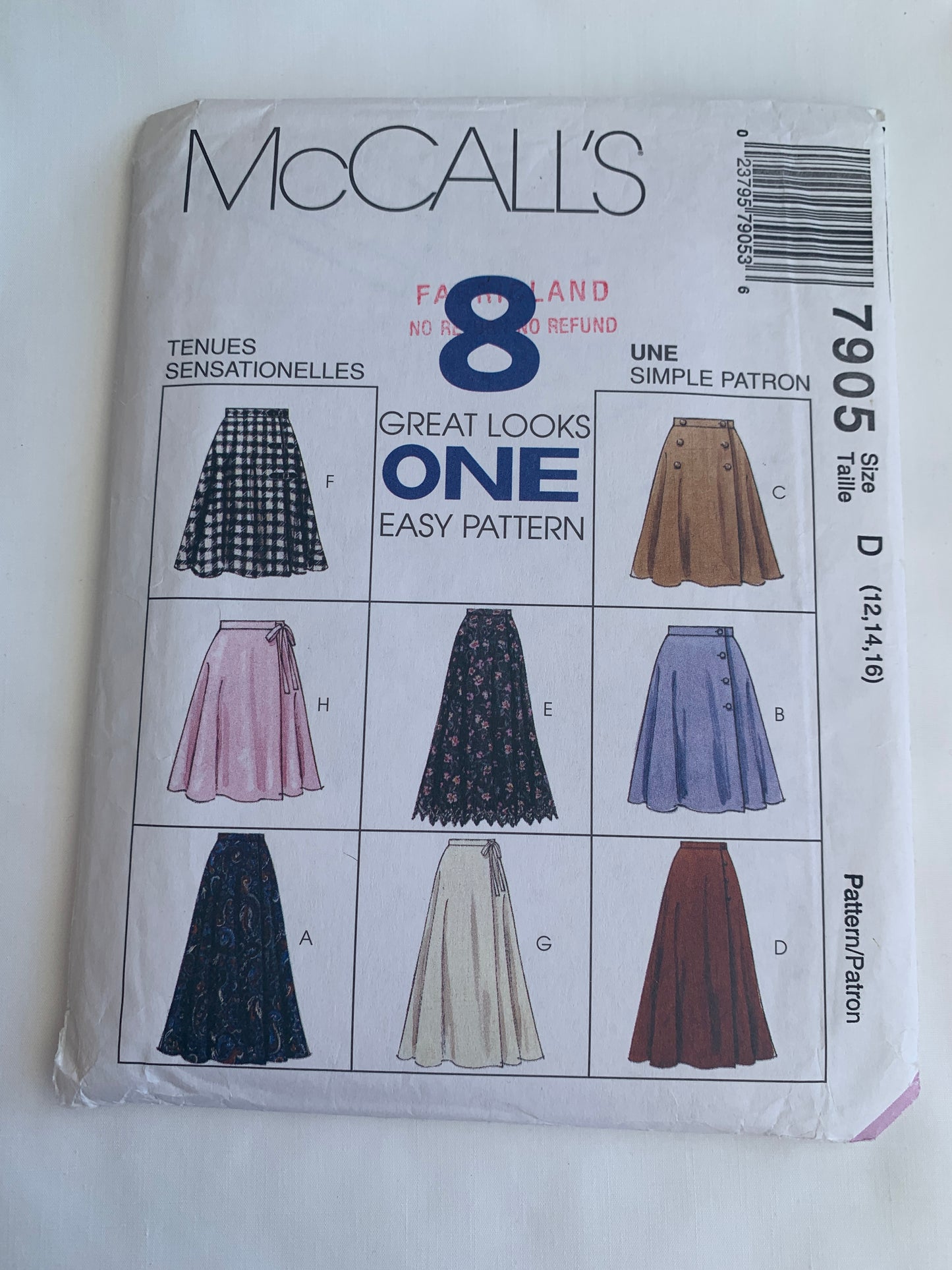 McCall's Sewing Pattern 7905 Misses' Skirt, Two Lengths, 8 Variations, Wrap Skirt, Side Closure, Size 12-16, Uncut, Vintage 1996