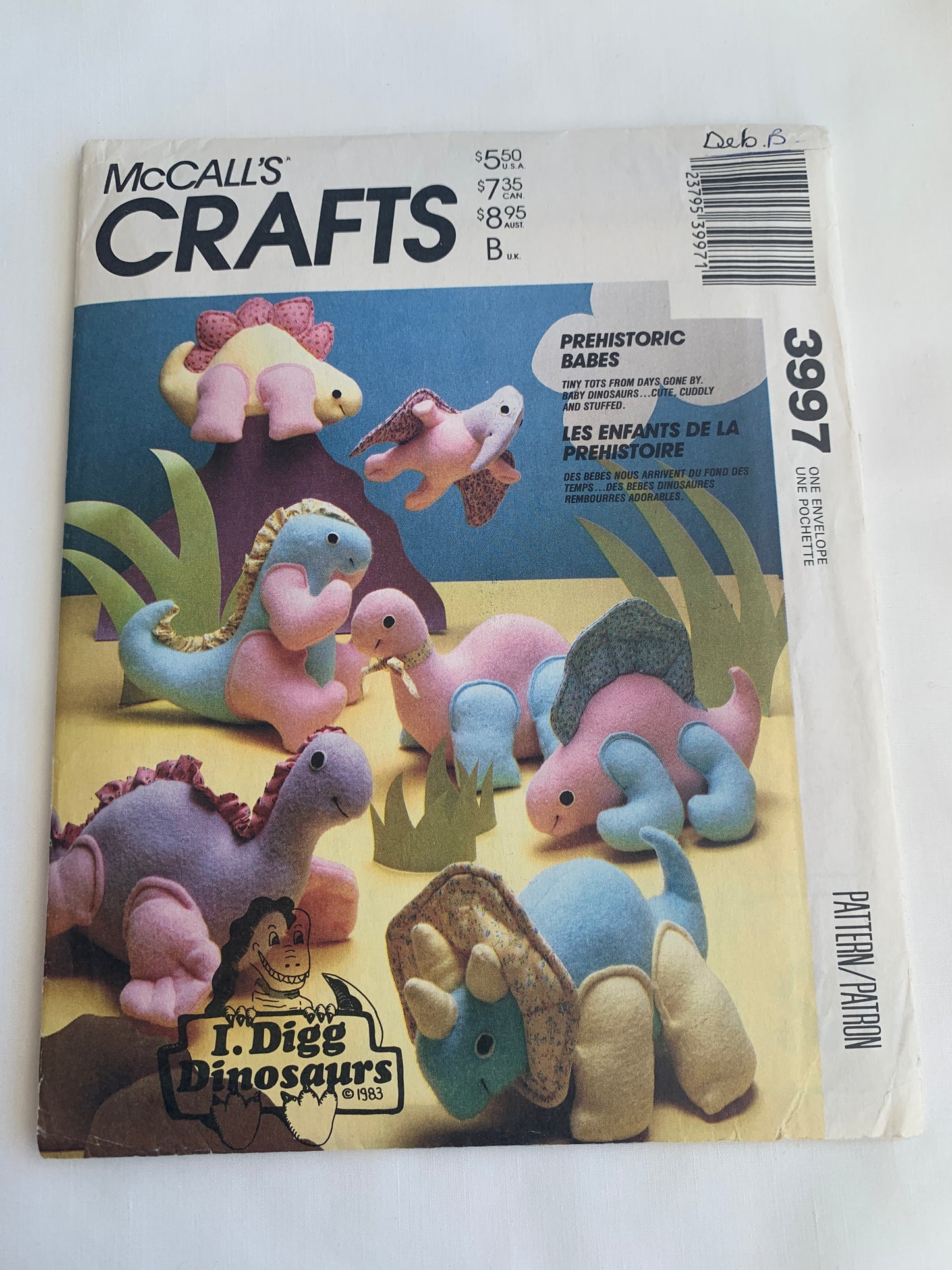 McCall's Sewing Pattern 3997 Crafts 7 Stuffed Prehistoric Baby Dinosaurs, Uncut, Vintage 1988