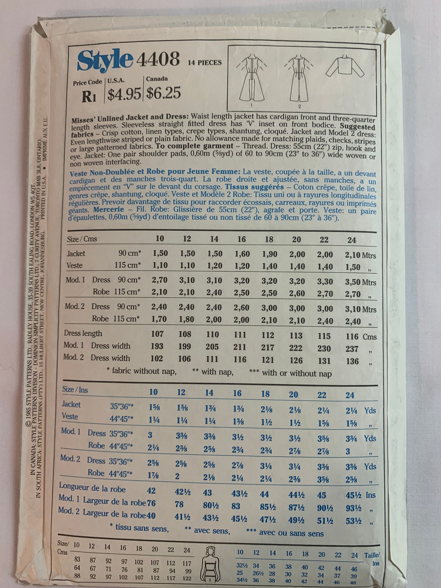 Style Sewing Pattern 4408 Misses' Unlined Jacket, Dress, Zipper Back, Waist Length, Fitted, Long Sleeves, Sleeveless, Size 10-14, Uncut, Vintage 1985