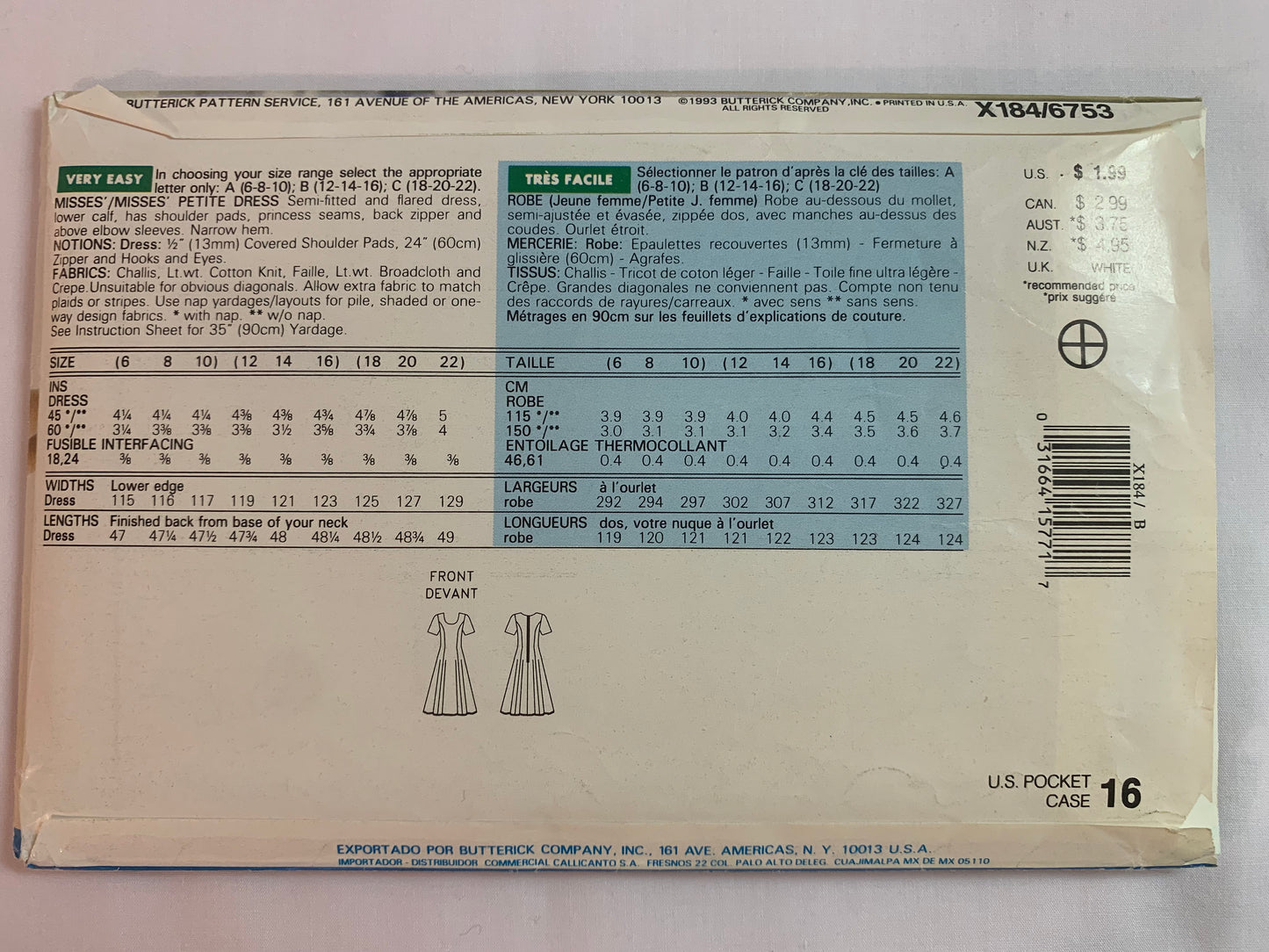 Butterick See & Sew Sewing Pattern 6753 Misses'Misses' Petite Dress, Short Sleeves, Zipper Semi-Fitted, Shoulder Pads, Princess Seams, Size 12-16, Uncut, Vintage 1993