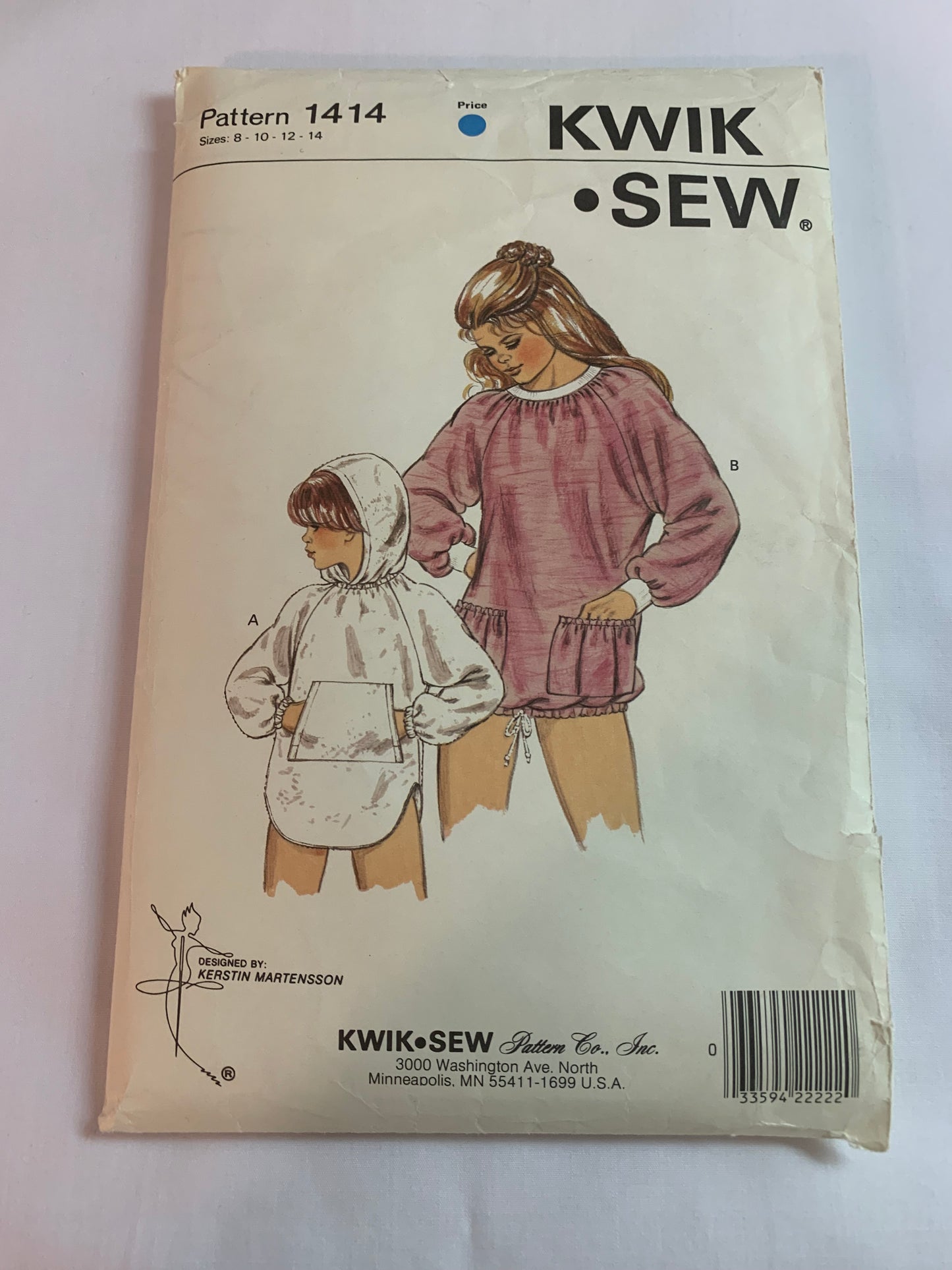 KWIK Sewing Pattern 1414 Girls' Coverup, Long Raglan Sleeves, Pocket, Hood, Drawstring, Uncut, Size 8-14, Vintage 1985
