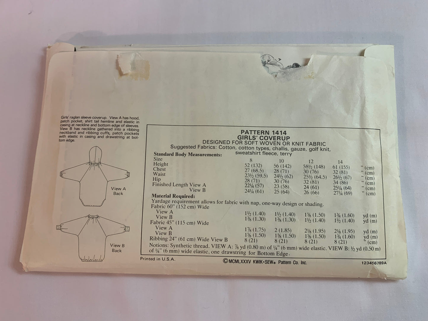 KWIK Sewing Pattern 1414 Girls' Coverup, Long Raglan Sleeves, Pocket, Hood, Drawstring, Uncut, Size 8-14, Vintage 1985