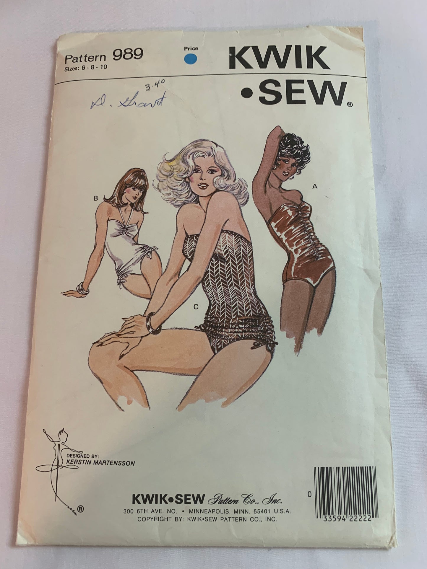 Kwik Sewing Pattern 989 Misses' One Piece Swimsuit, 3 Variations, Strapless, Stretch Knit, Size 6-10, Uncut, Vintage 1989
