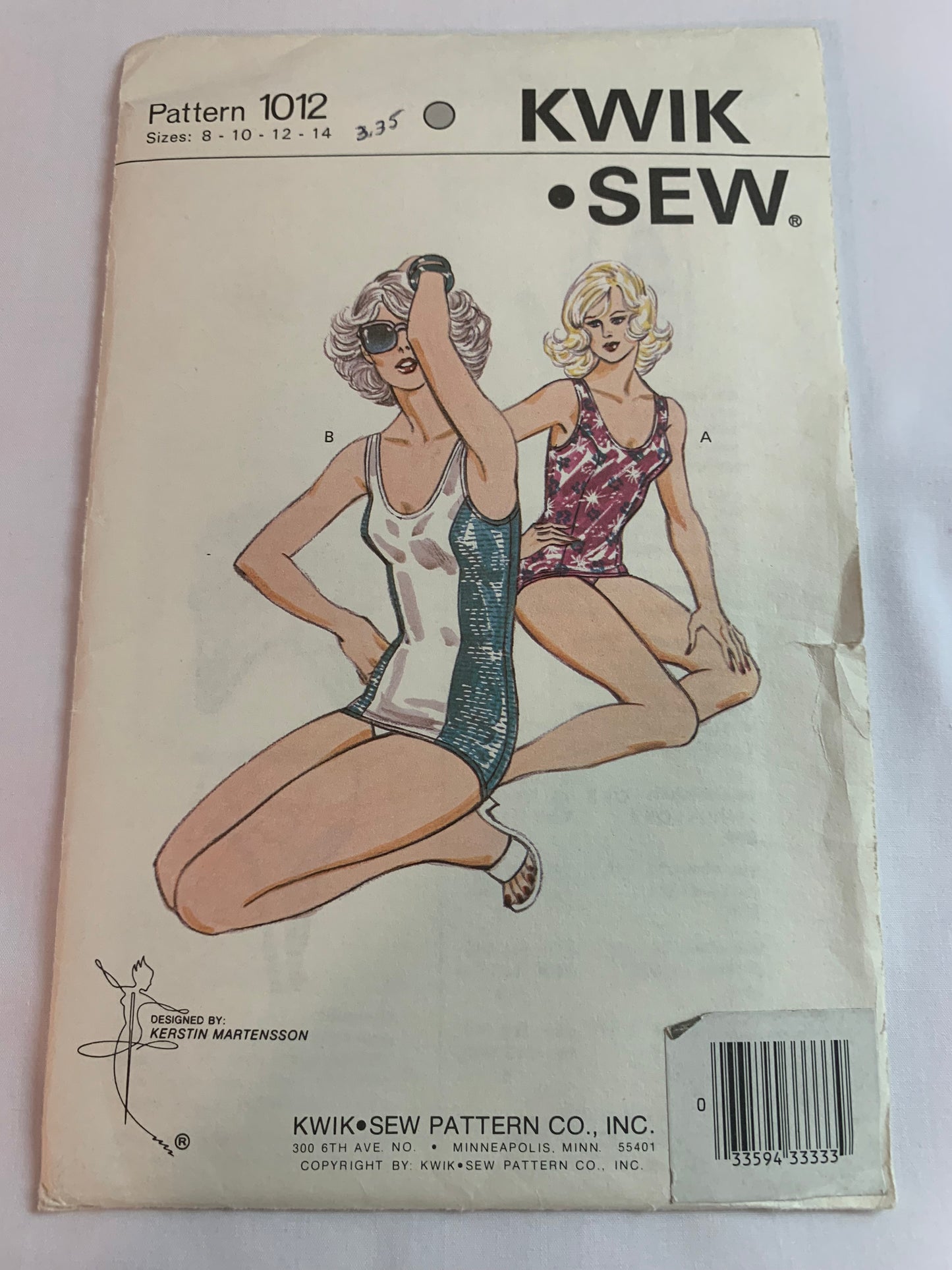 Kwik Sewing Pattern 1012 Misses' One Piece Swimsuit, 2 Variations, Shoulder Straps, Stretch Knit, Size 8-14, Uncut, Vintage 1989