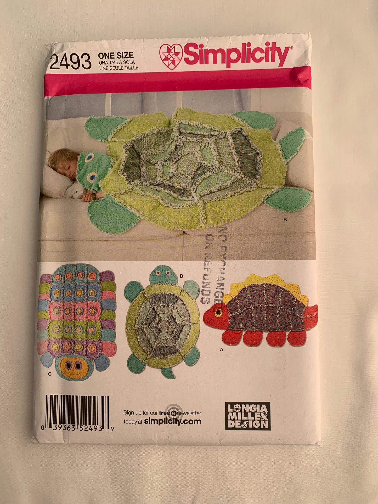 Simplicity Sewing Pattern 2493 Rag Quilts, Throw, Turtle, Dinosaur, Caterpillar, Uncut, 2009