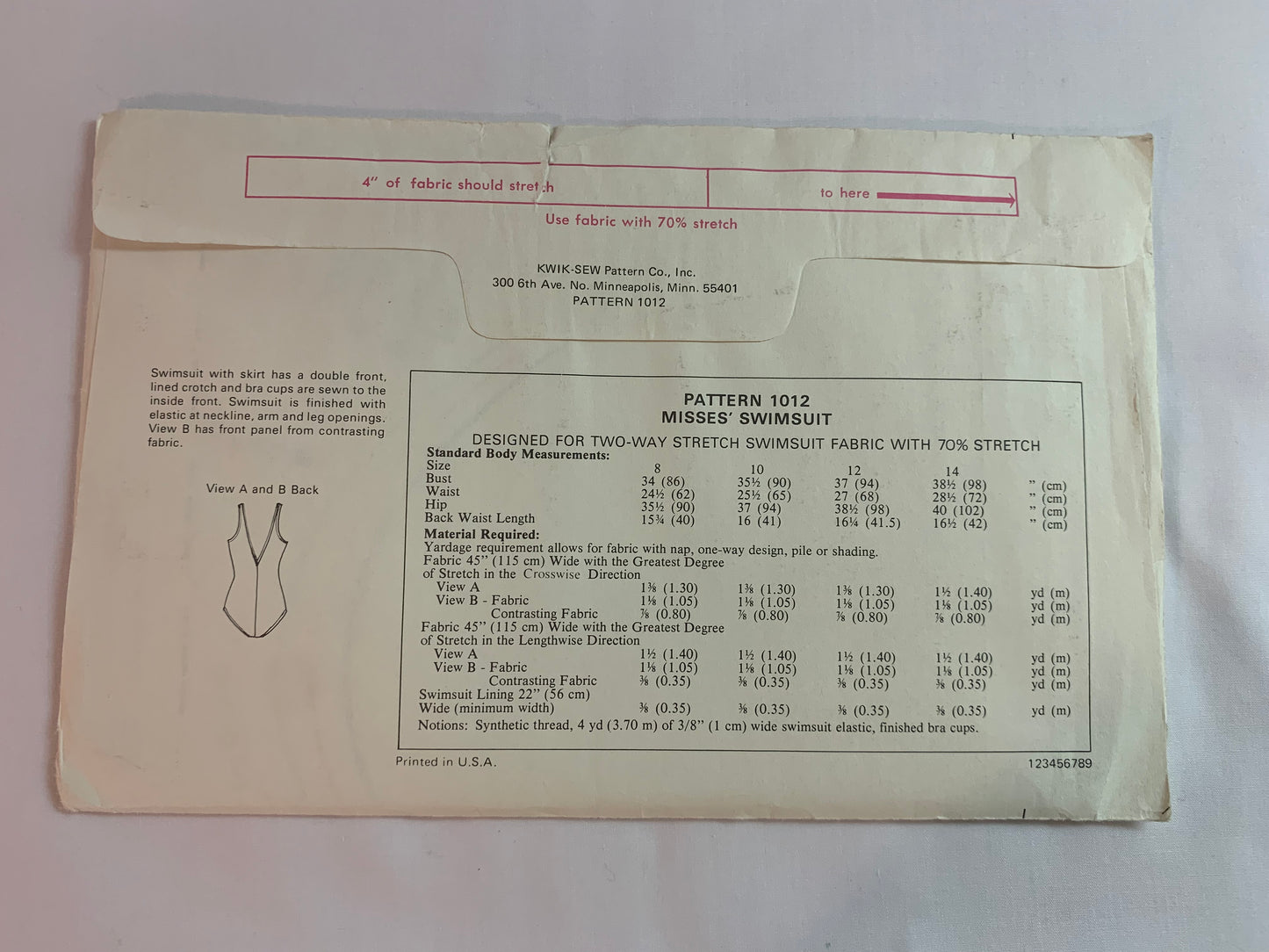 Kwik Sewing Pattern 1012 Misses' One Piece Swimsuit, 2 Variations, Shoulder Straps, Stretch Knit, Size 8-14, Uncut, Vintage 1989