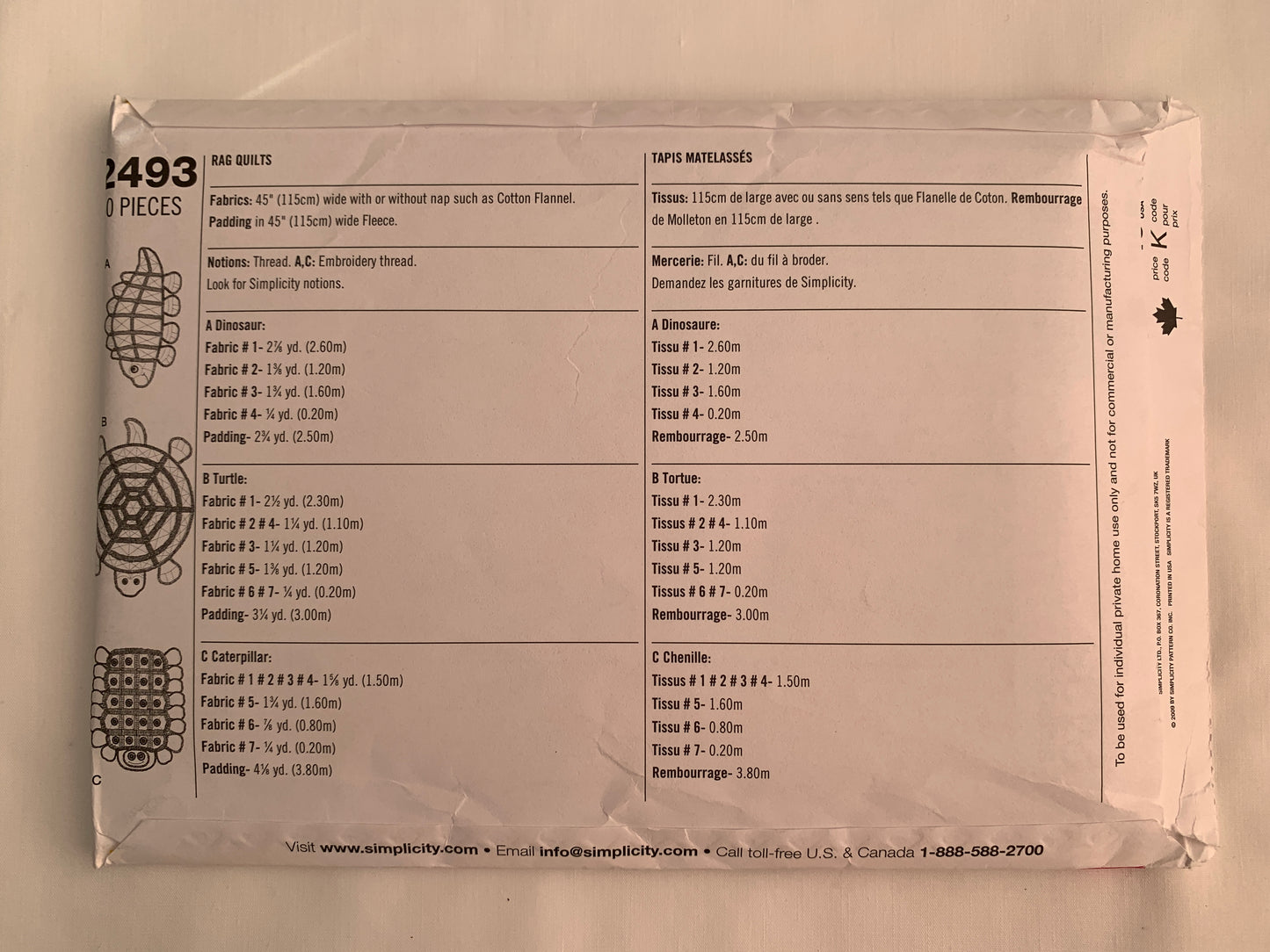 Simplicity Sewing Pattern 2493 Rag Quilts, Throw, Turtle, Dinosaur, Caterpillar, Uncut, 2009