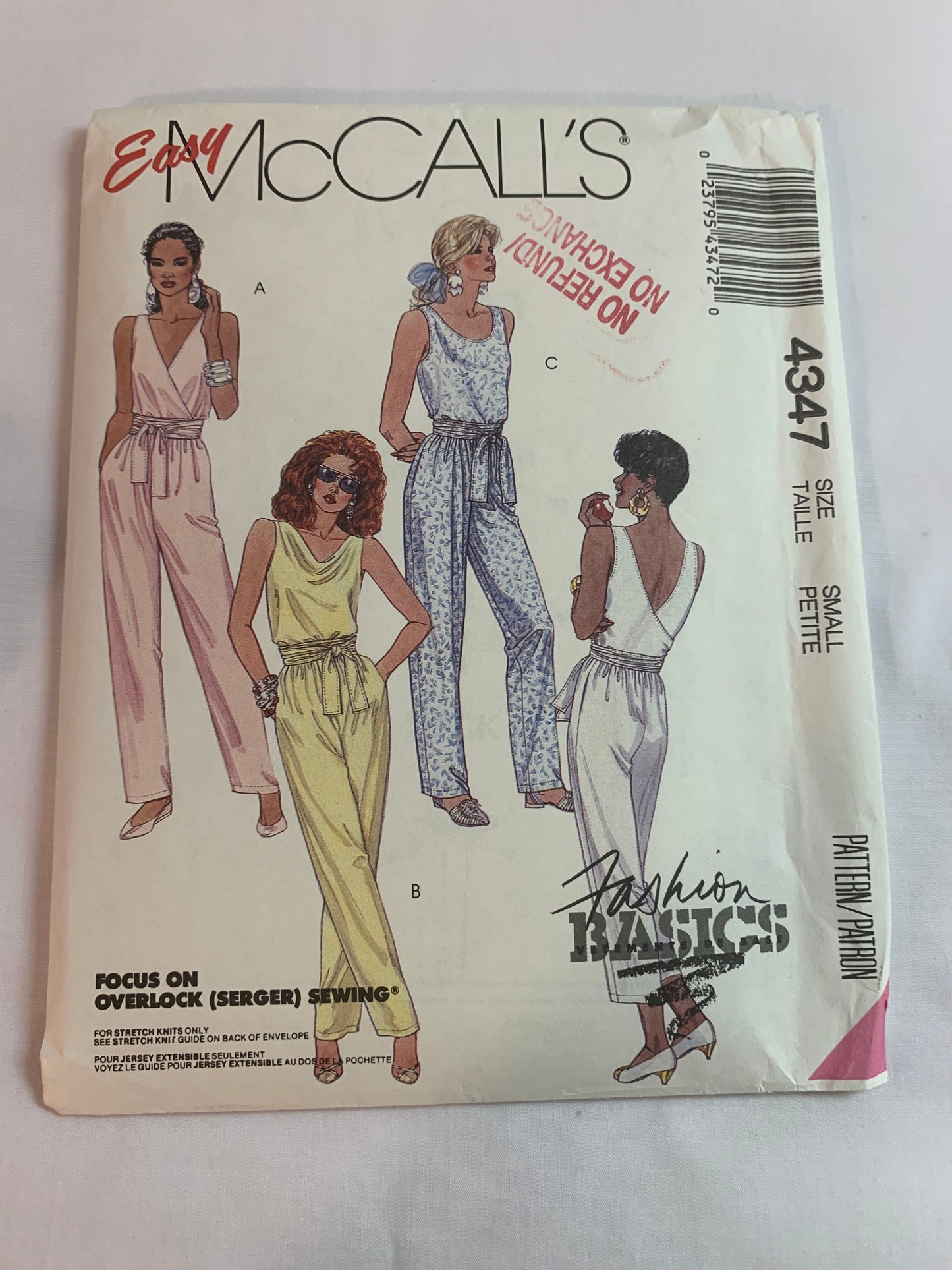 McCall's Sewing Pattern 4347 Misses' Jumpsuit, Sleeveless, Pockets, 3 Variations, Stretch Knits, Pull-On, Back Wrap, Size 10-12, Uncut, Vintage 1986