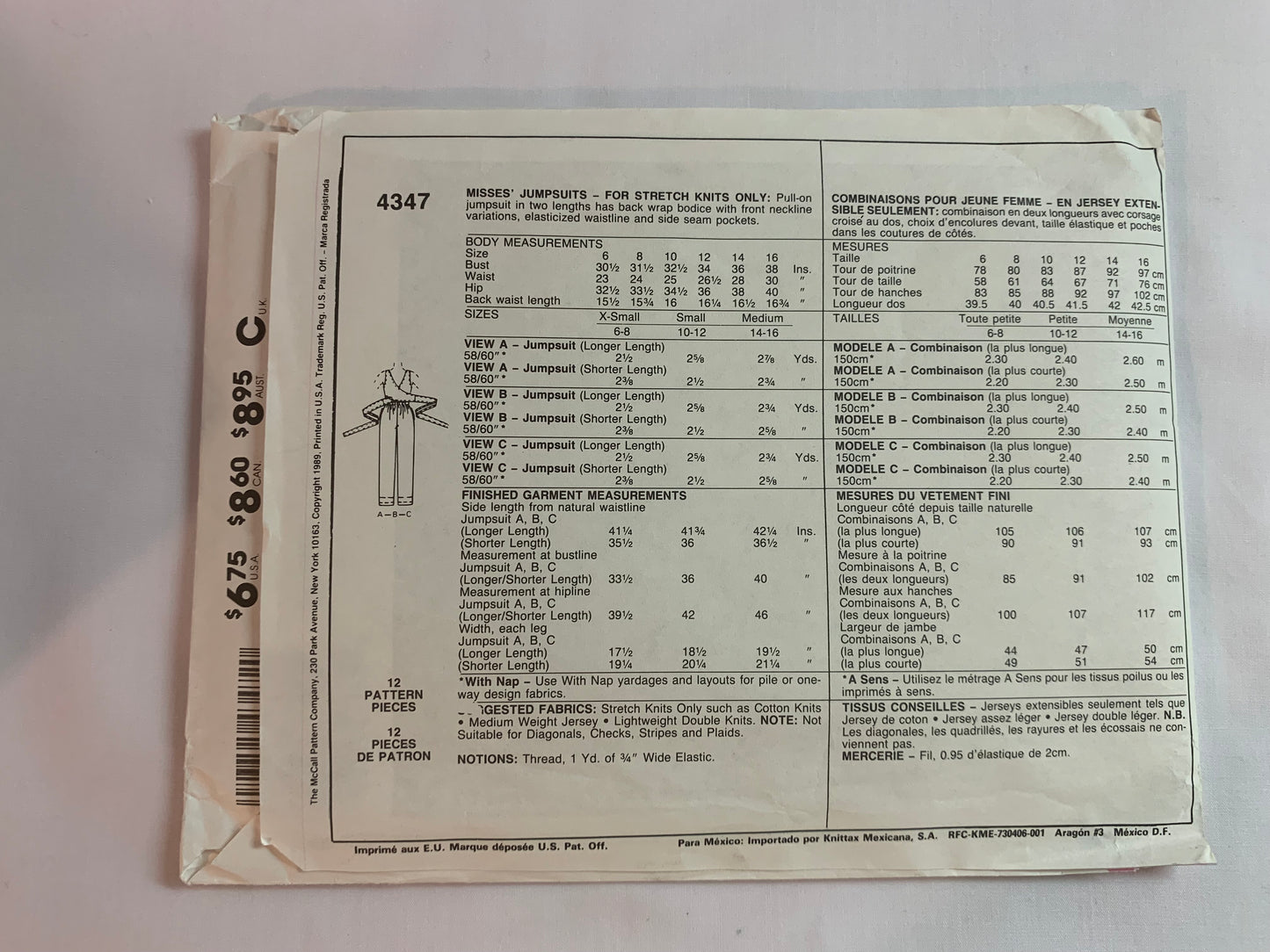 McCall's Sewing Pattern 4347 Misses' Jumpsuit, Sleeveless, Pockets, 3 Variations, Stretch Knits, Pull-On, Back Wrap, Size 10-12, Uncut, Vintage 1986