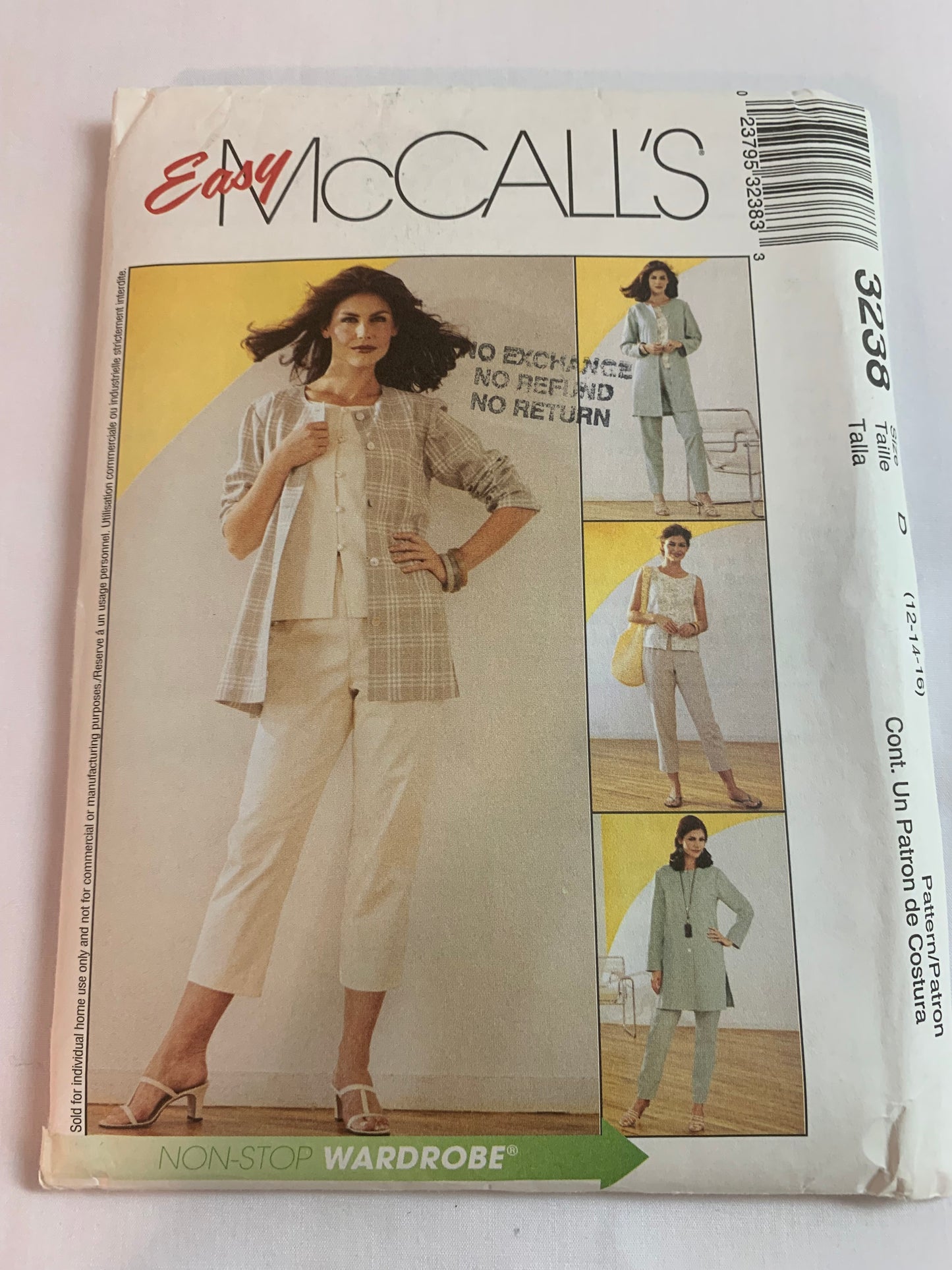 McCall's Sewing Pattern 3238 Misses'/Miss Petite Shirt-Jacket, Two Lengths, Top, Pants, Button Front, Size 12-16, Uncut, 2001