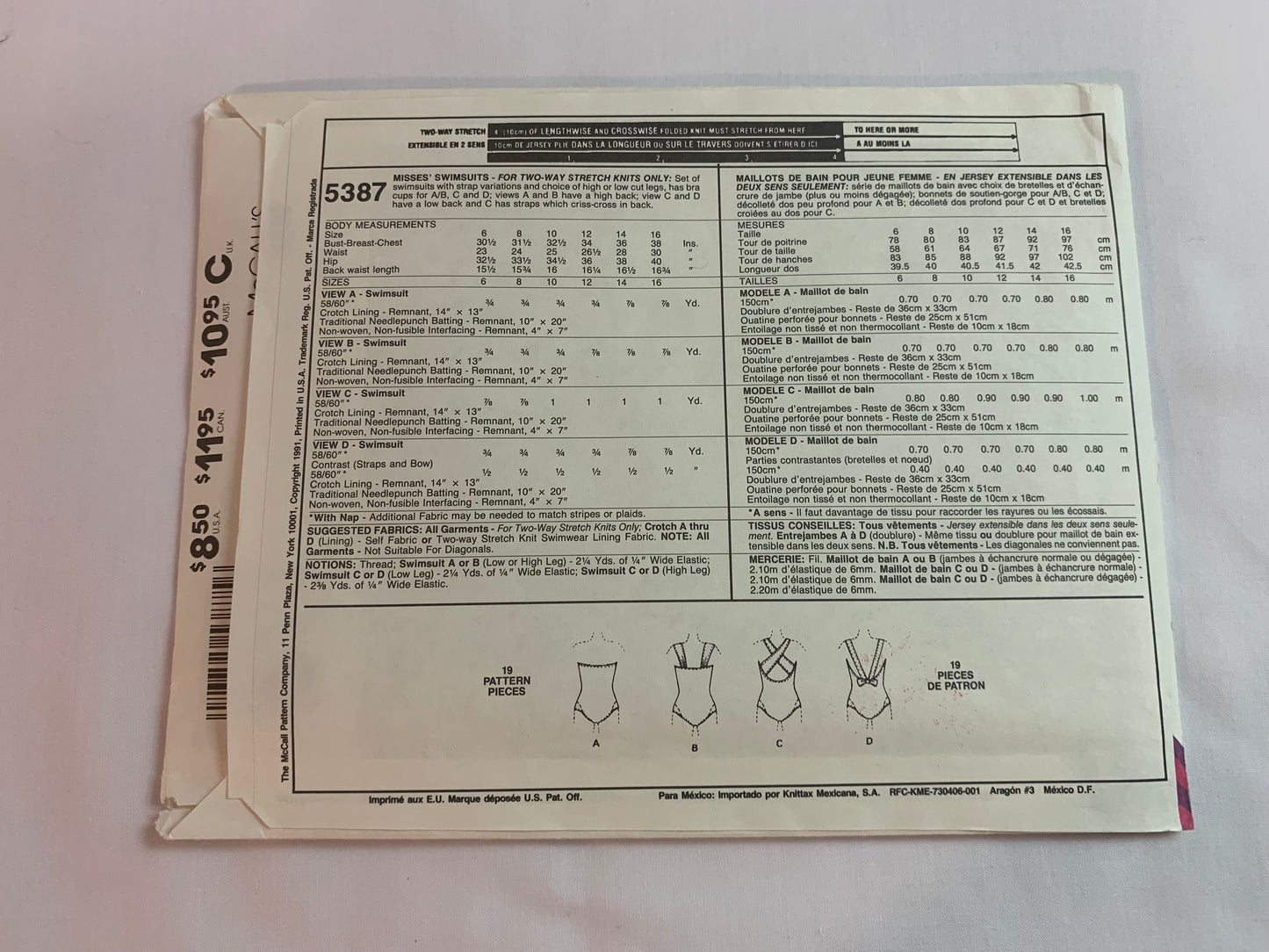 McCall's Sewing Pattern 5387 Misses' Bathing Suit, 4 Variations, Strap Variations, Two Way Stretch Knits, Criss-Cross, One Piece, Size 14, Uncut, Vintage 1991