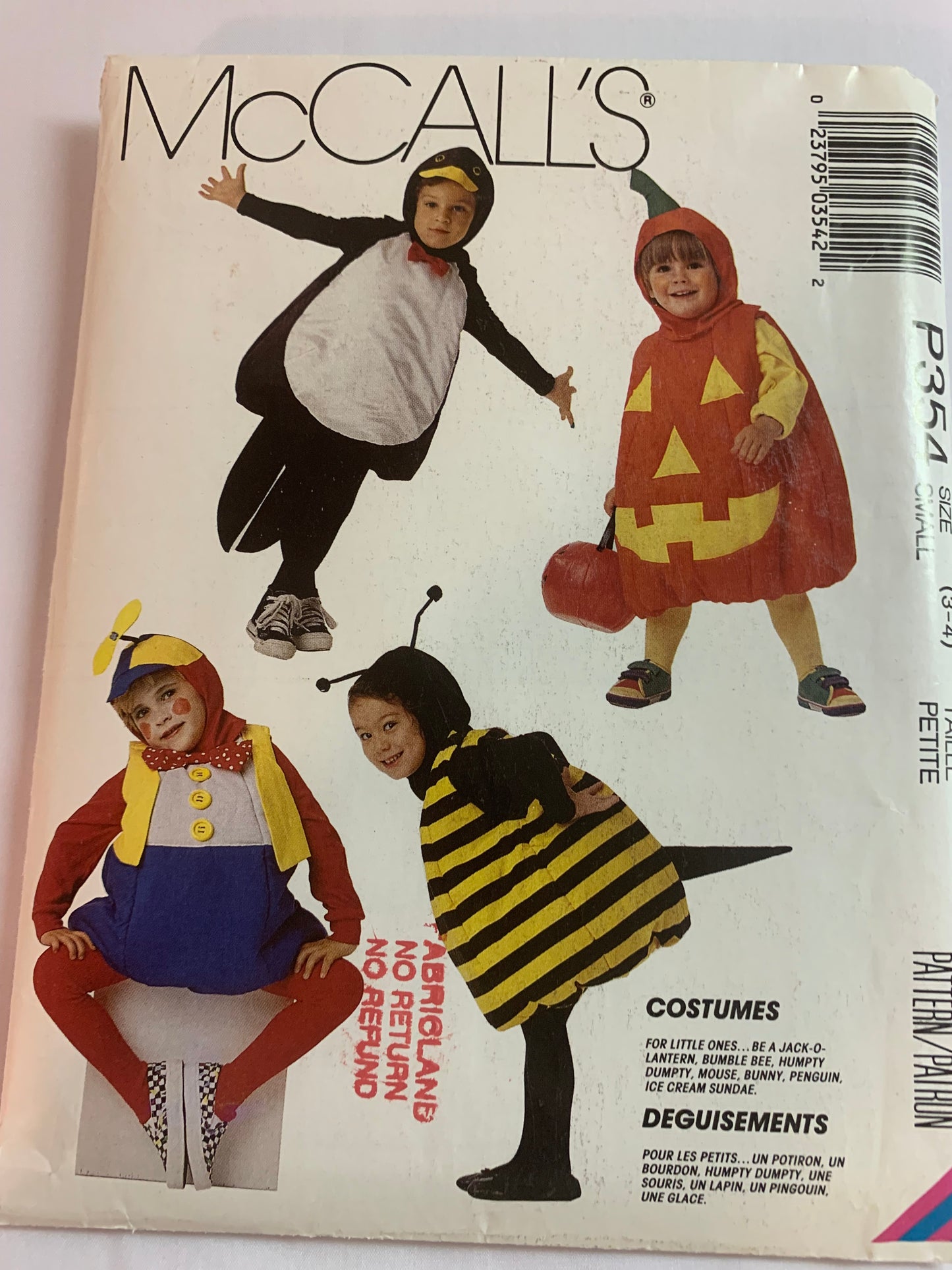 McCall's Sewing Pattern P354 Children's/Boy's/Girls' Costumes, Halloween, Dress-Up, Penquin Jack-O-Lanter, Bumble Bee, Humpty dumpty, Mouse,Bunny, Penquin, Ice Cream Sundae. Size 3-4, Uncut, Vintage 1998