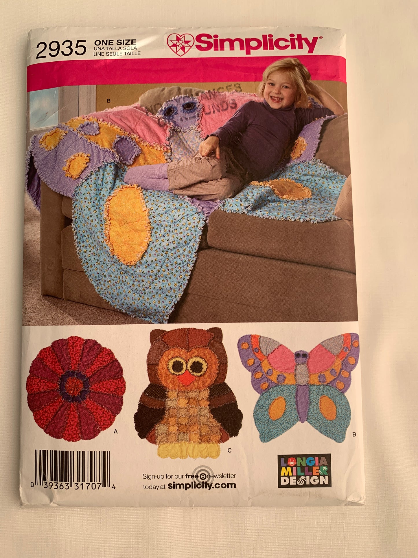 Simplicity Sewing Pattern 2935 Rag Quilts, Throw, Flower, Butterfly, Owl, Uncut, 2009