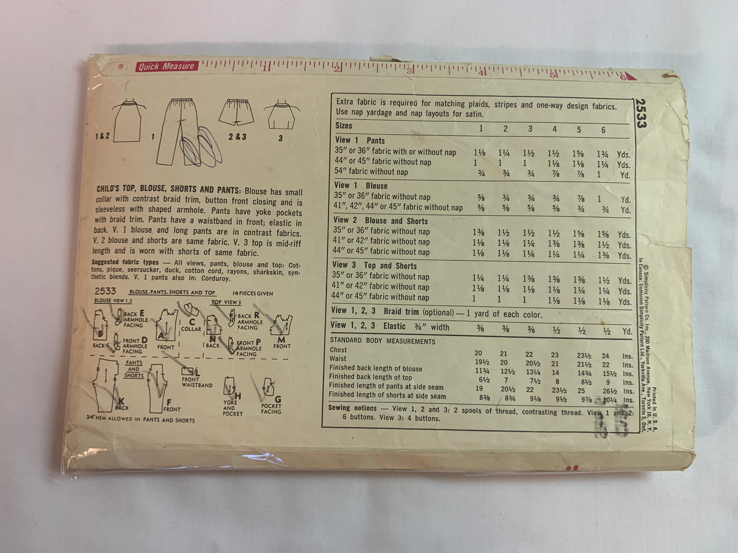 Simplicity Sewing Pattern 2533 Girls' Top, Pants, Shorts, Sleeveless, Pockets, Sleeveless, Elastic Waist, Size 6, Uncut, Vintage 1960