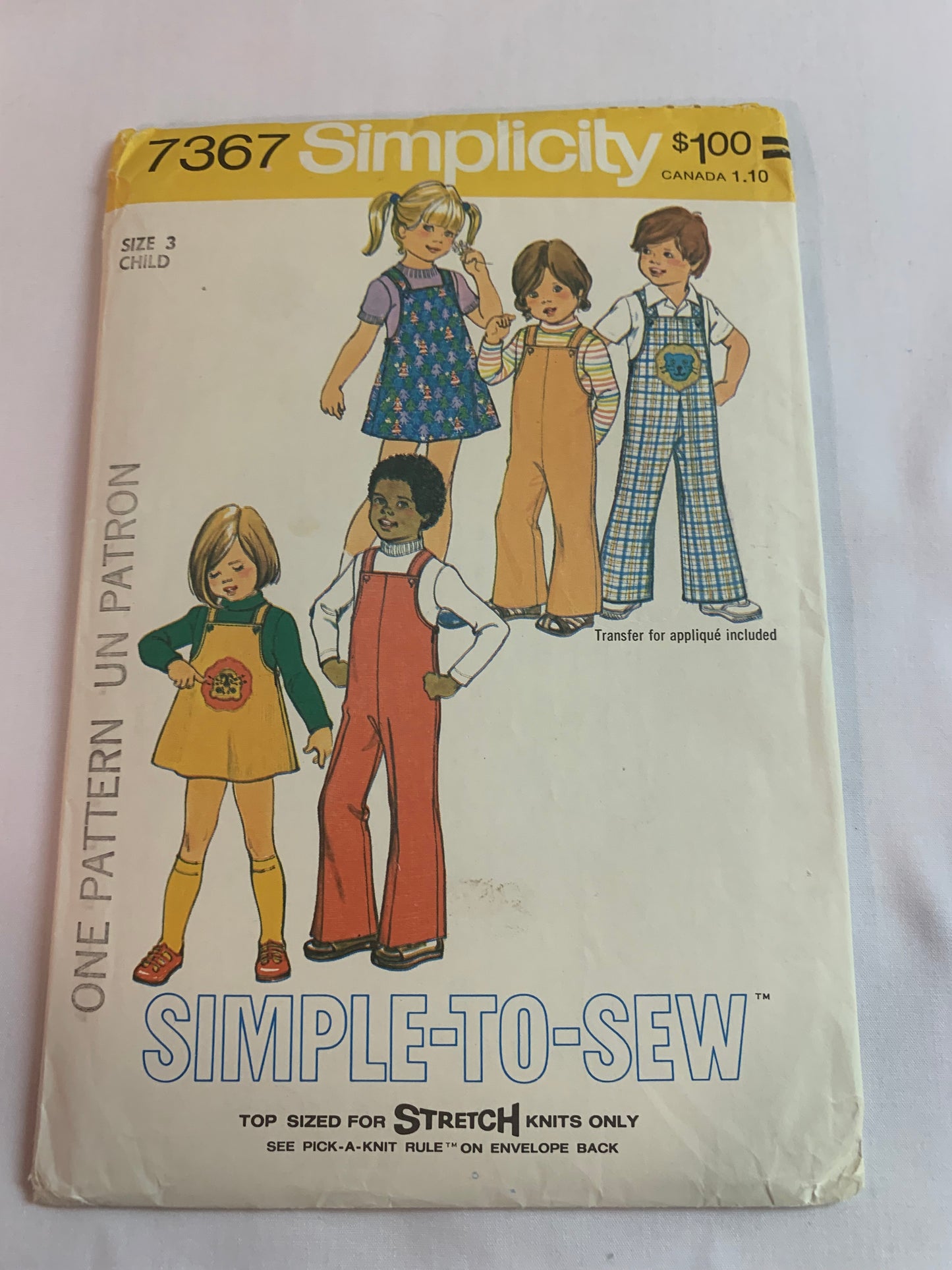Simplicity Sewing Pattern 7367 Girls' Jumper, Overalls, Top, Long/Short Sleeves, Loose-Fitting, Shoulder Straps, Size 3, Uncut, Vintage 1976