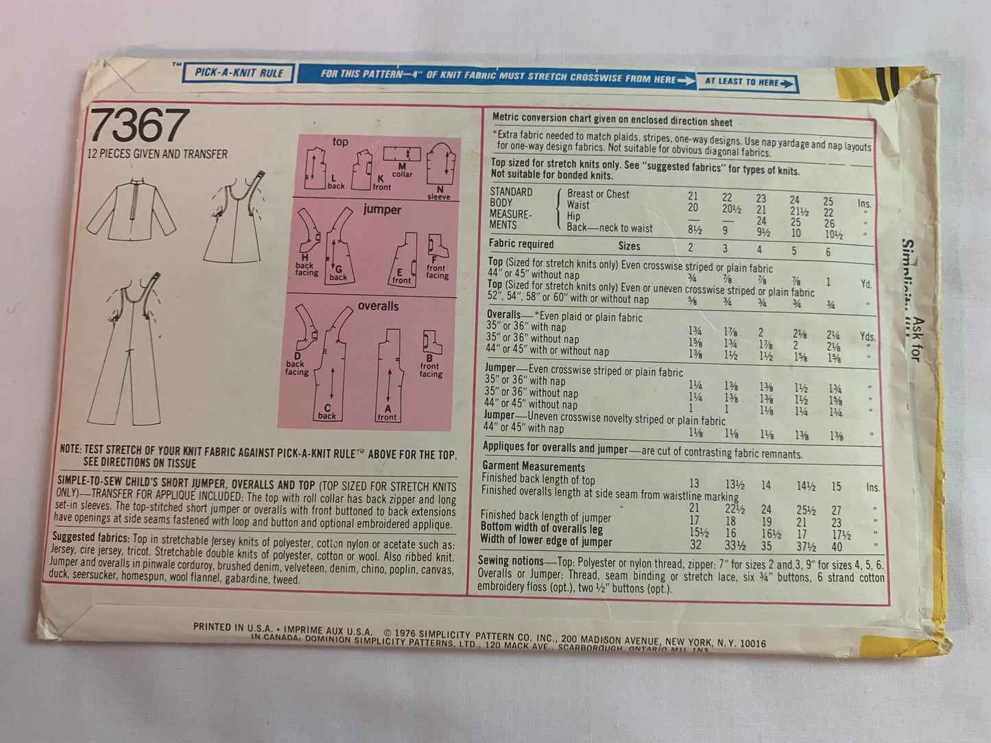Simplicity Sewing Pattern 7367 Girls' Jumper, Overalls, Top, Long/Short Sleeves, Loose-Fitting, Shoulder Straps, Size 3, Uncut, Vintage 1976