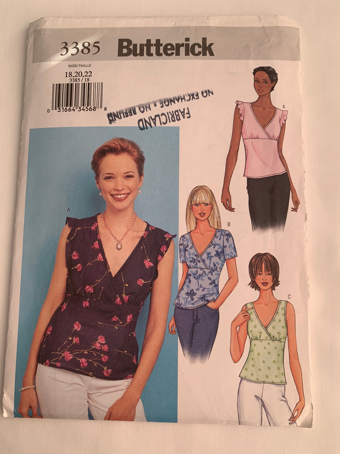 Butterick Sewing Pattern 3385 Misses' Shirt, Blouse, Top, Semi-Fitted, Short Sleeves, Mock-Wrap, Sleeveless, Size 18-22 Uncut, 2002