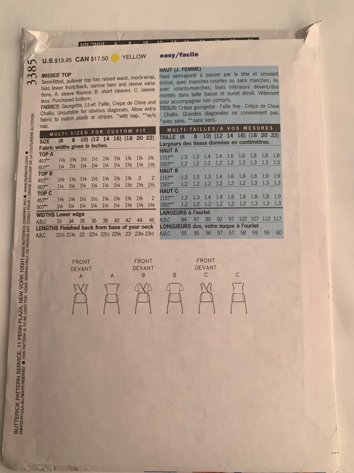 Butterick Sewing Pattern 3385 Misses' Shirt, Blouse, Top, Semi-Fitted, Short Sleeves, Mock-Wrap, Sleeveless, Size 18-22 Uncut, 2002