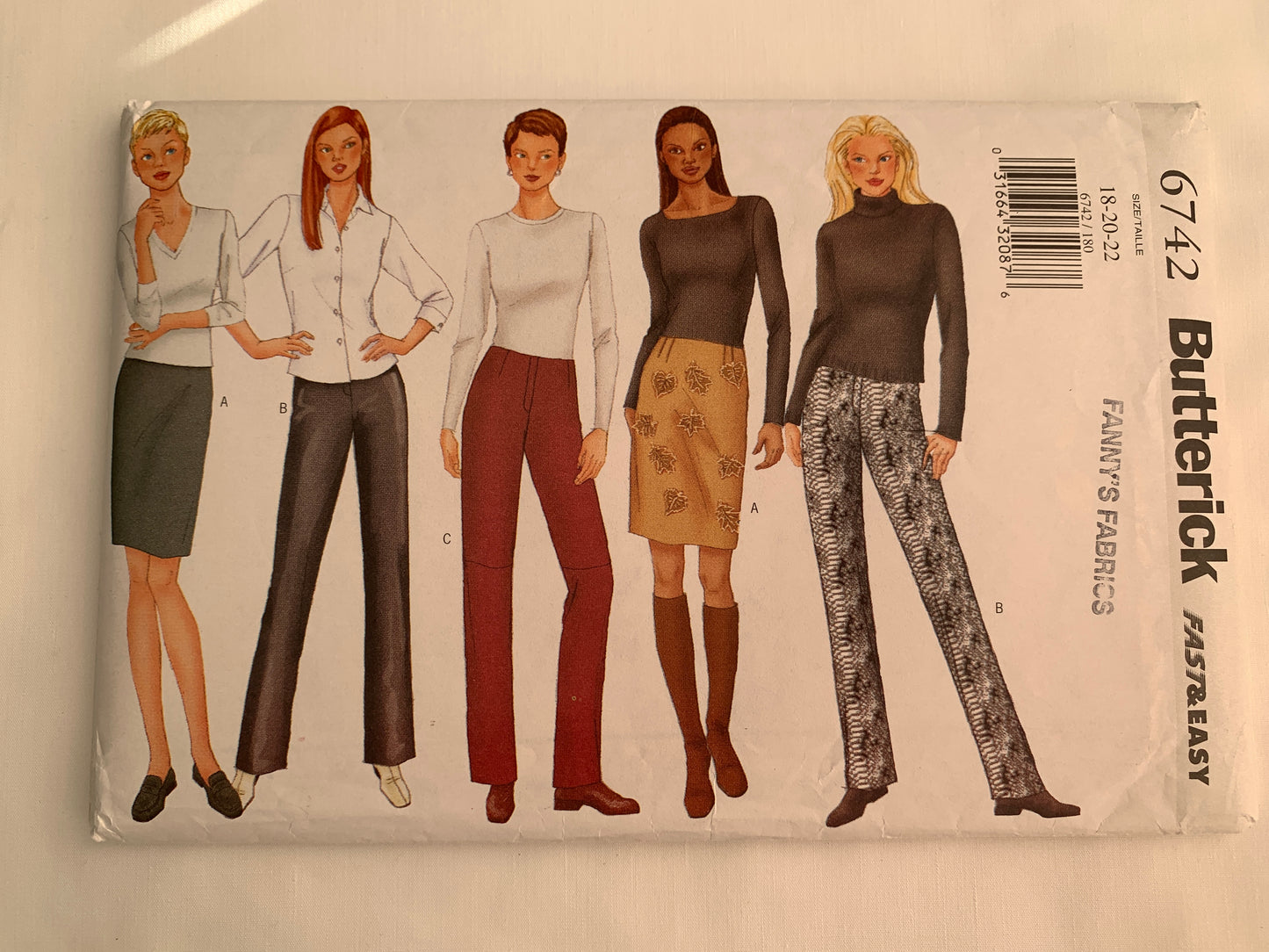 Butterick Sewing Pattern 6742 Misses'/Misses' Petite Skirt, Pants, Semi Fitted, Long Sleeves, Lined, Straight, Zipper, Contour Waist, Size 18-22, Uncut, 2000