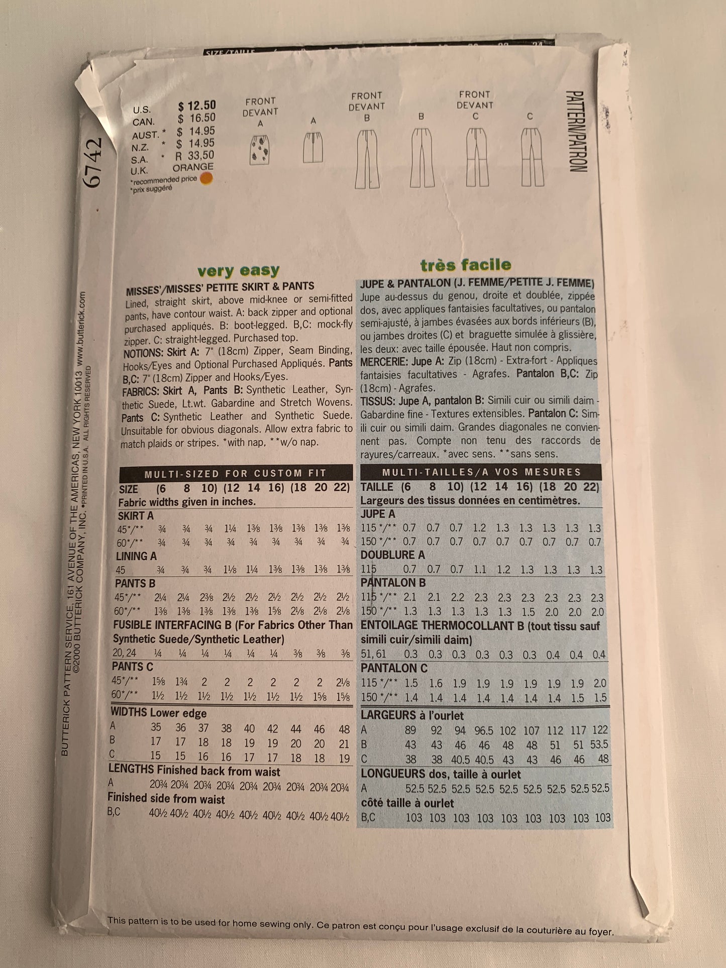 Butterick Sewing Pattern 6742 Misses'/Misses' Petite Skirt, Pants, Semi Fitted, Long Sleeves, Lined, Straight, Zipper, Contour Waist, Size 18-22, Uncut, 2000