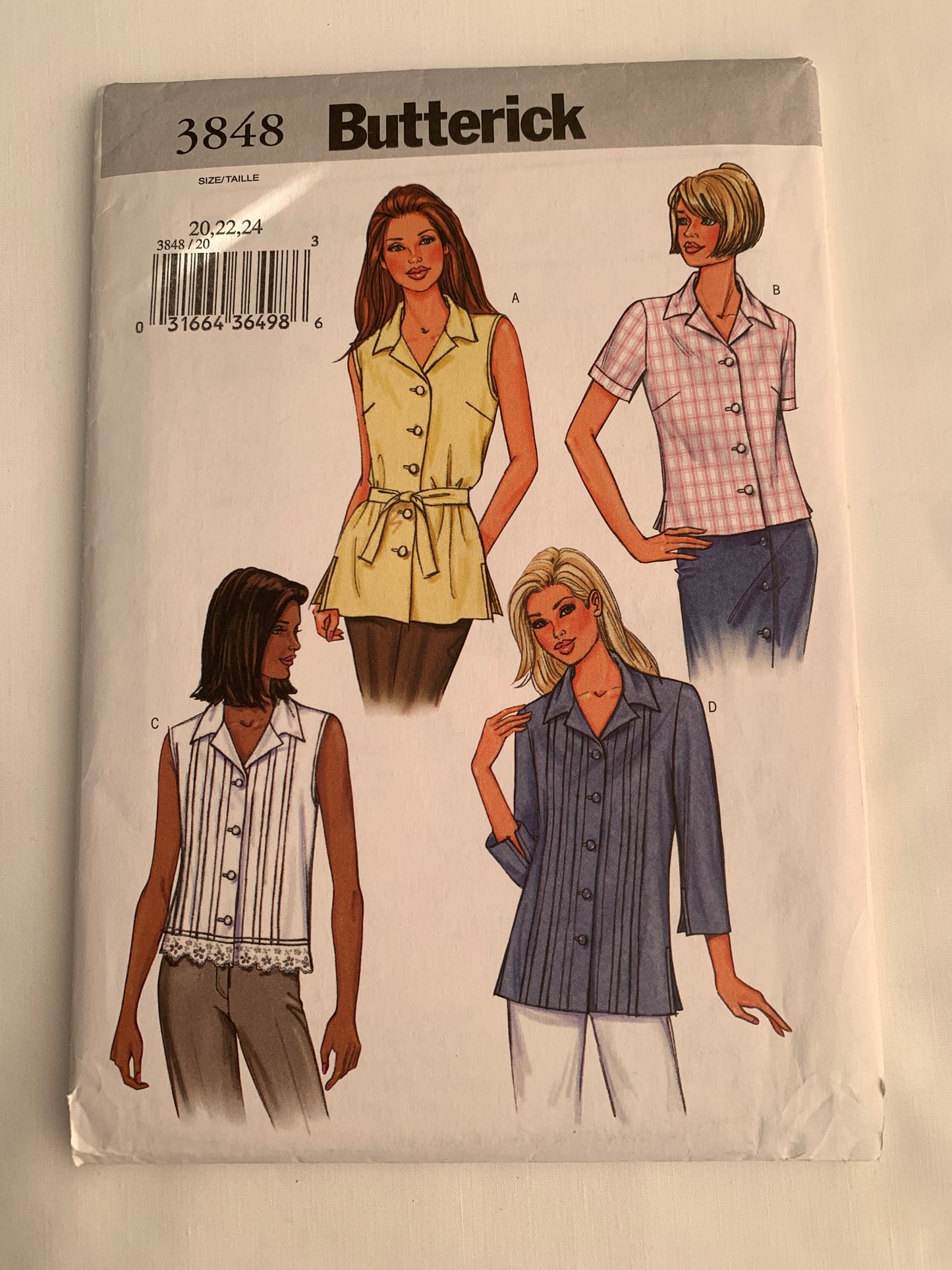 Butterick Sewing Pattern 3848 Misses' Top, Shirt, Blouse, Sleeveless, Long/Short Sleeves, Collar, Size20-24, Uncut, 2003